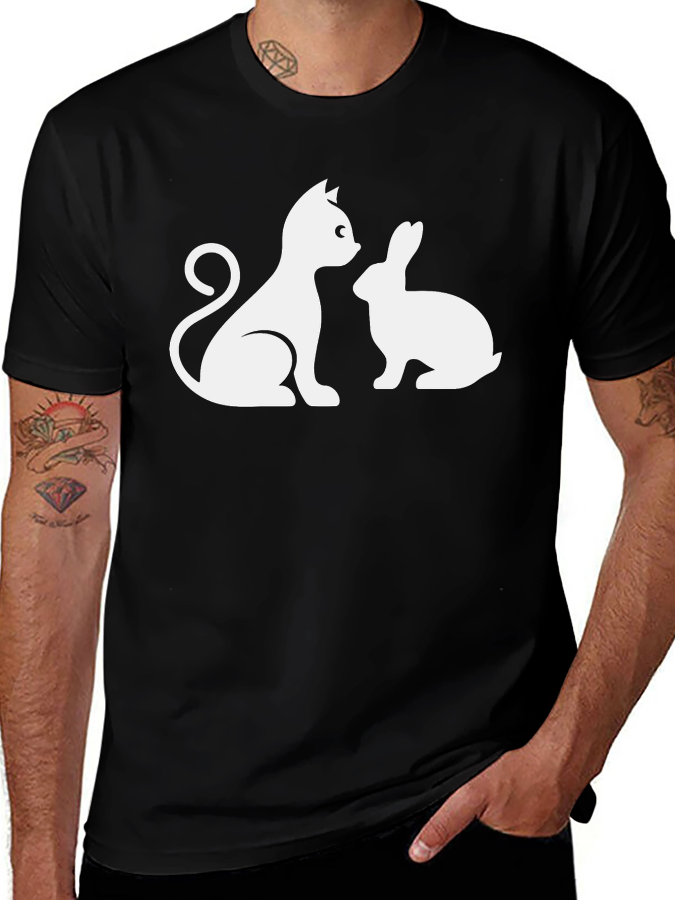 Variant 24 of Cat and Rabbit Graphic Tee - Black Cotton T-Shirt