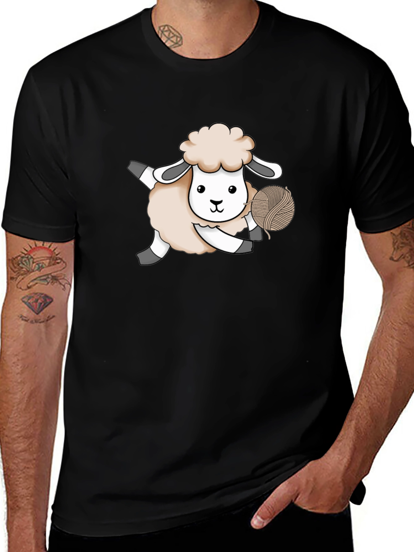 Variant 13 of Cute Sheep Holding Yarn Black T-Shirt