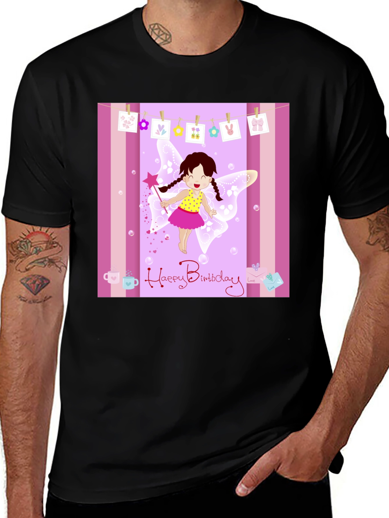 Variant 29 of Birthday Fairy Graphic Tee - Black Cotton Blend T-Shirt