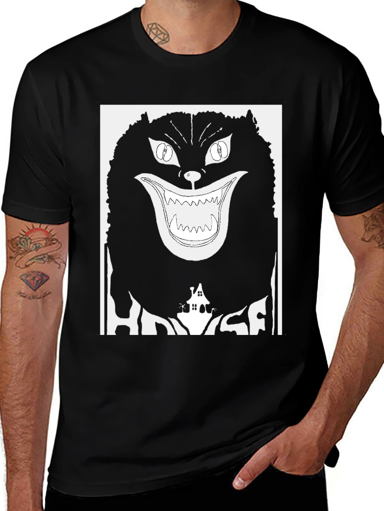 Black Creepy Cat Graphic Tee - Black Cotton main image