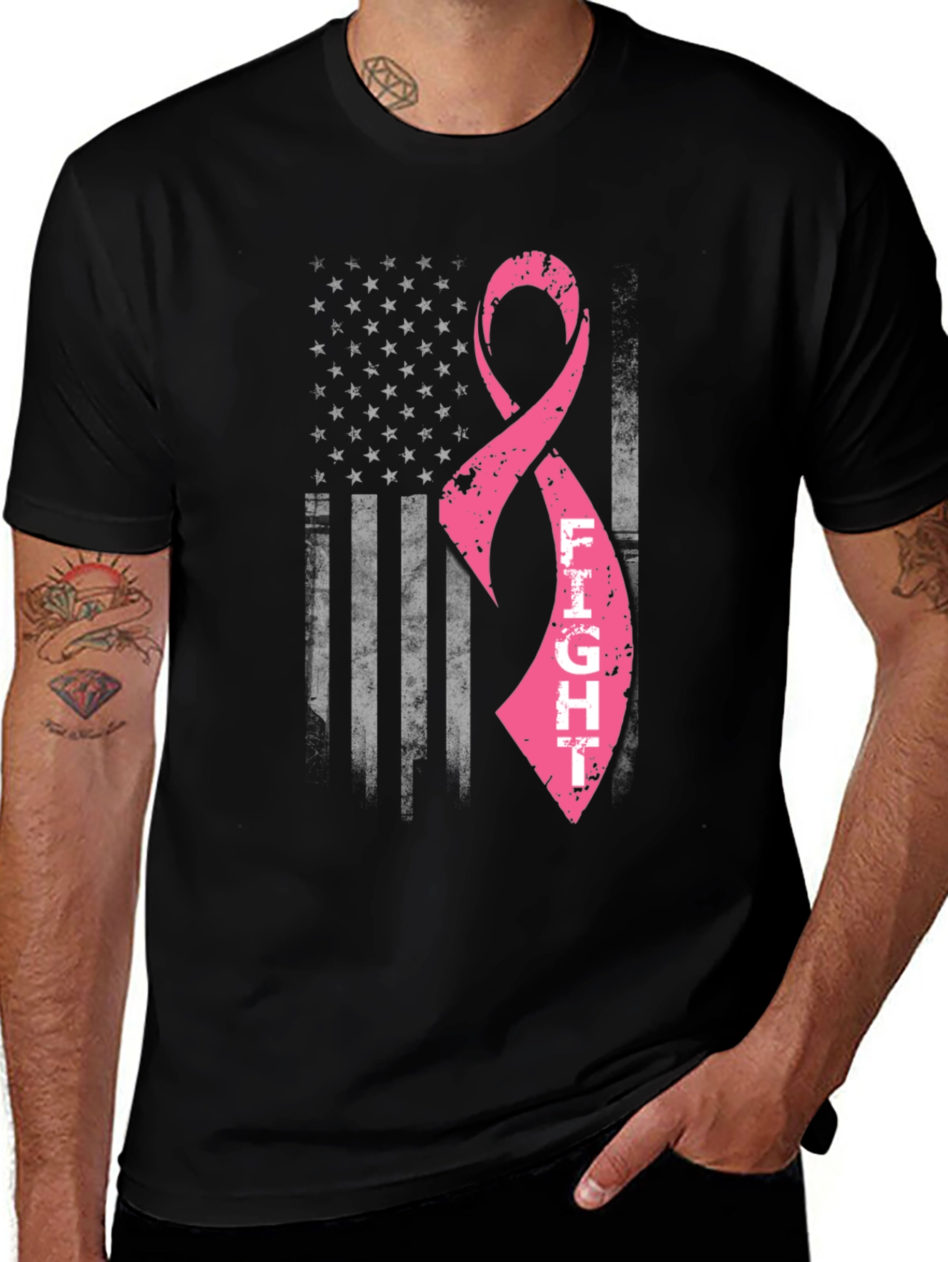 Variant 12 of Fight Breast Cancer Ribbon American Flag Graphic Tee