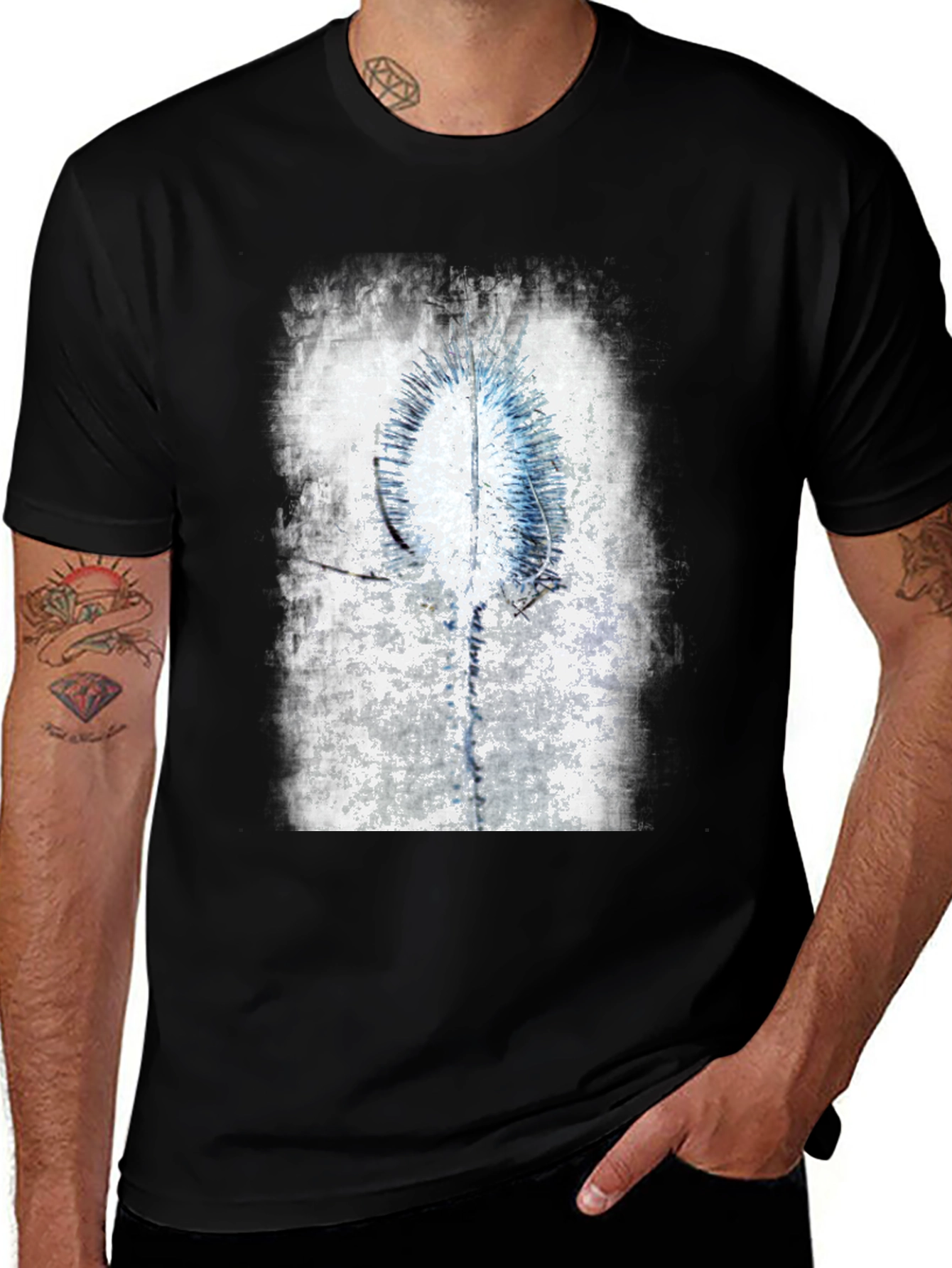Abstract Blue & White Graphic Black T-Shirt