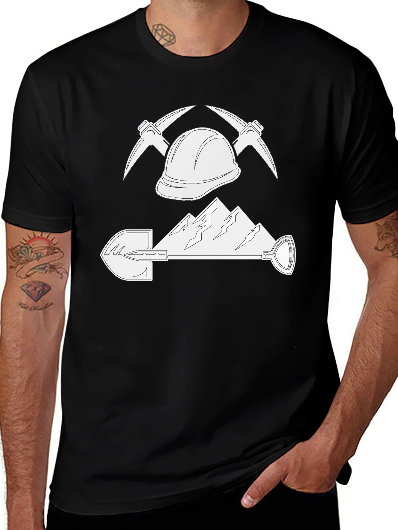 Variant 26 of Miner's T-Shirt: Hard Hat, Pickaxes, Mountain, Shovel - Black Tee