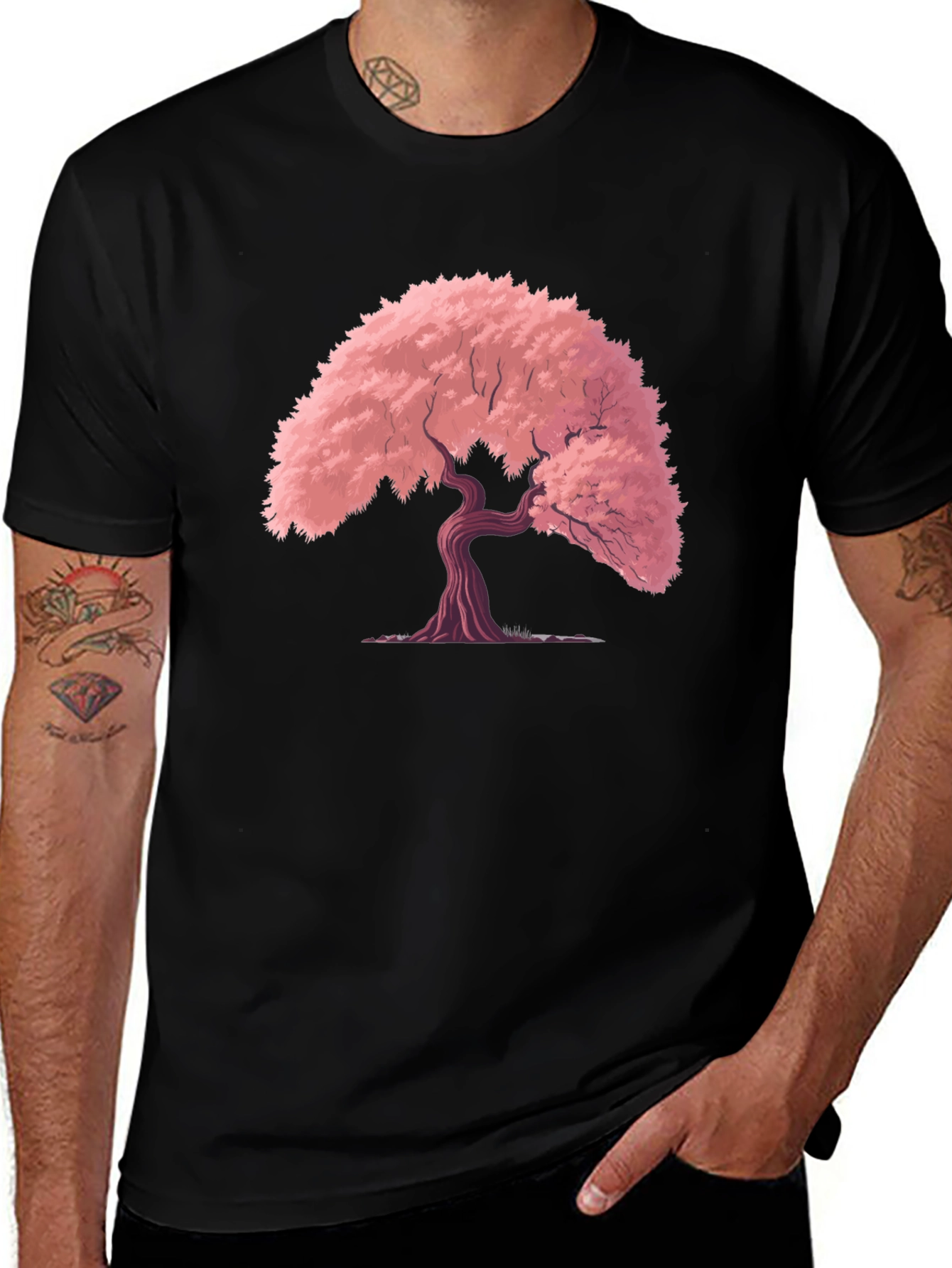 Variant 2 of Cherry Blossom Tree Graphic Tee - Black Cotton T-Shirt