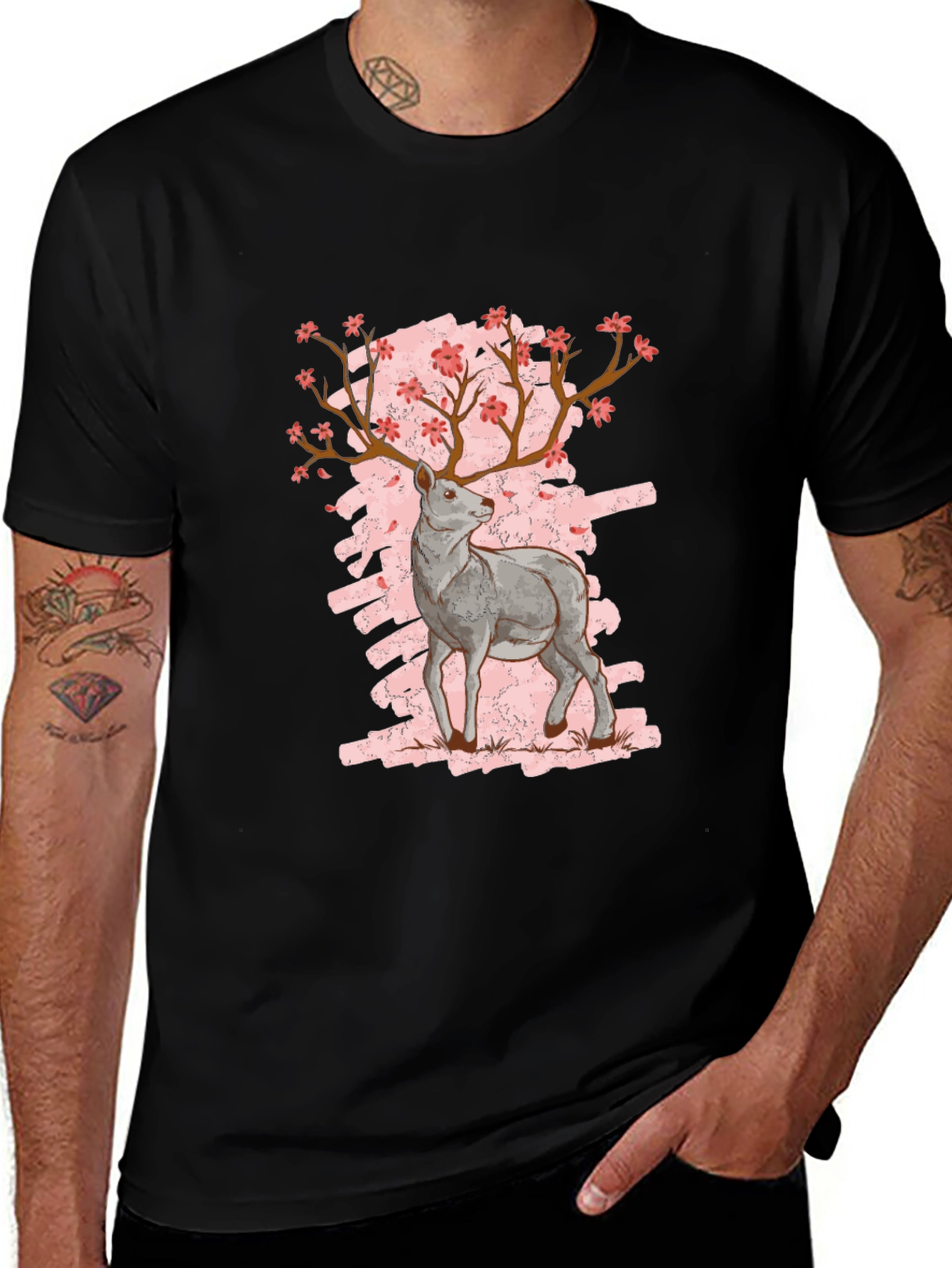Variant 9 of Deer & Cherry Blossom Graphic Tee - Men's Black T-Shirt