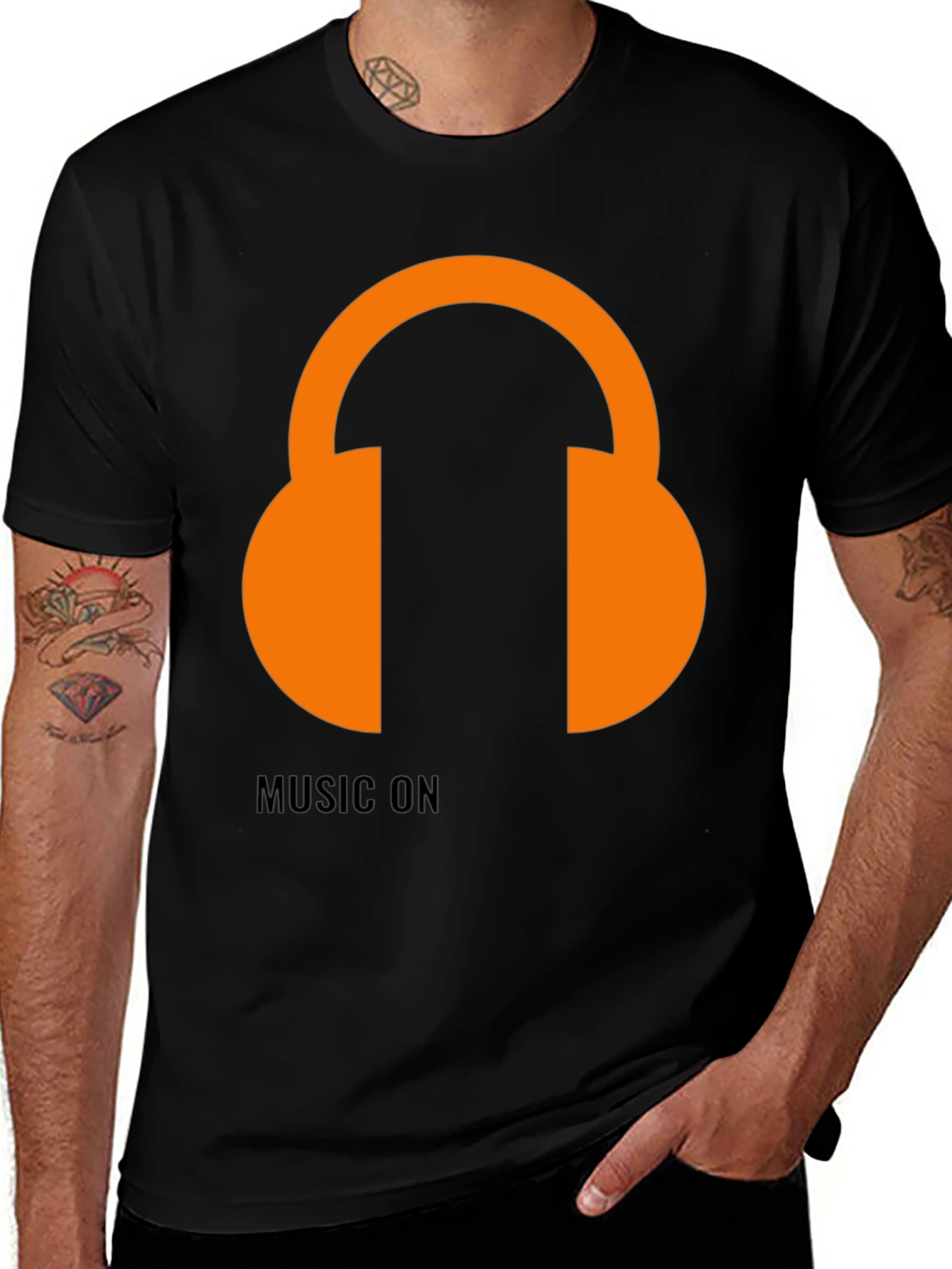 Black Music On T-Shirt: Orange Headphones Graphic Tee main image