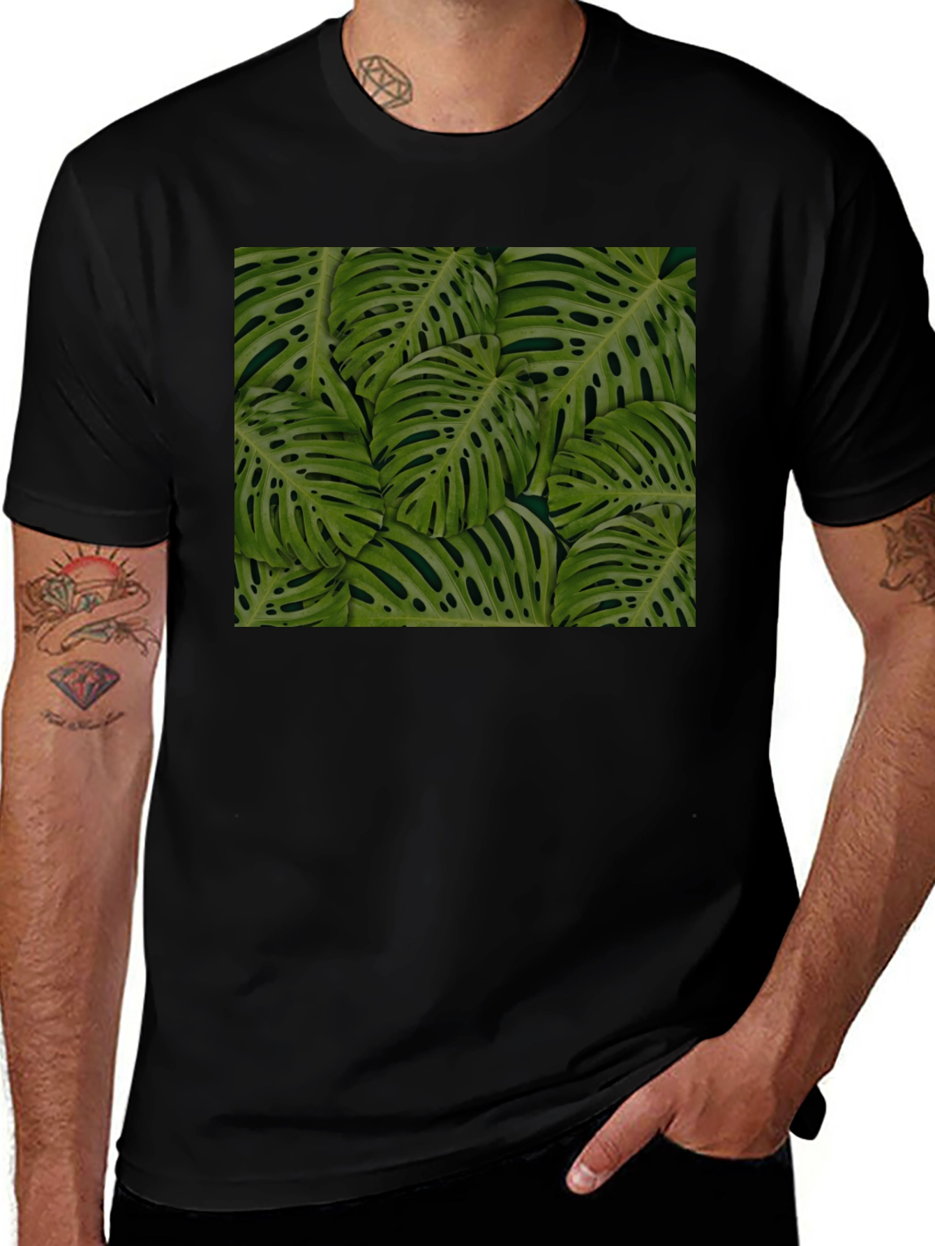 Variant 7 of Tropical Monstera Leaf Print Black T-Shirt