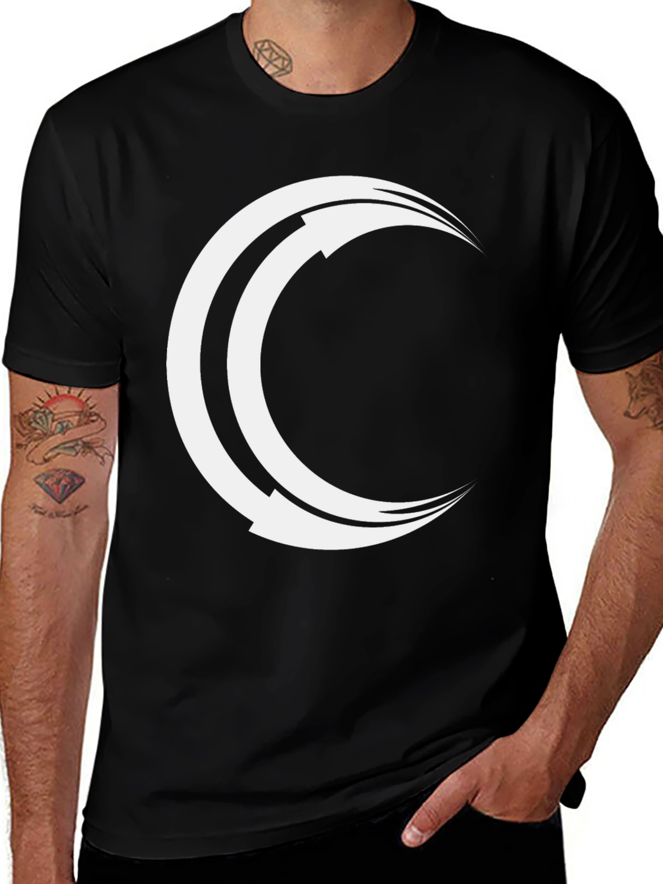 Variant 4 of Men's Black Tee with Crescent Arrow Design