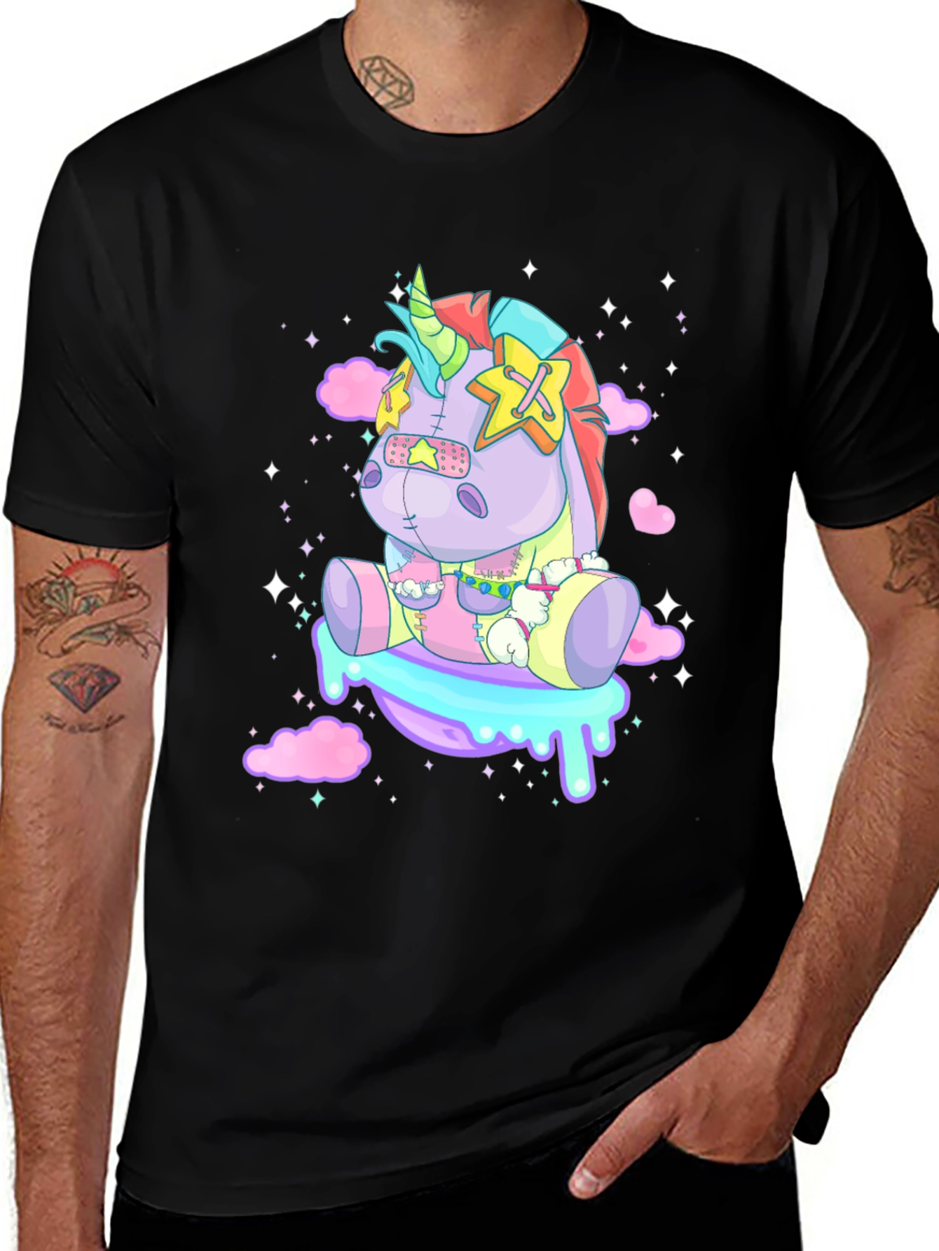 Unicorn Plush Graphic Tee - Black Cotton Casual Wear