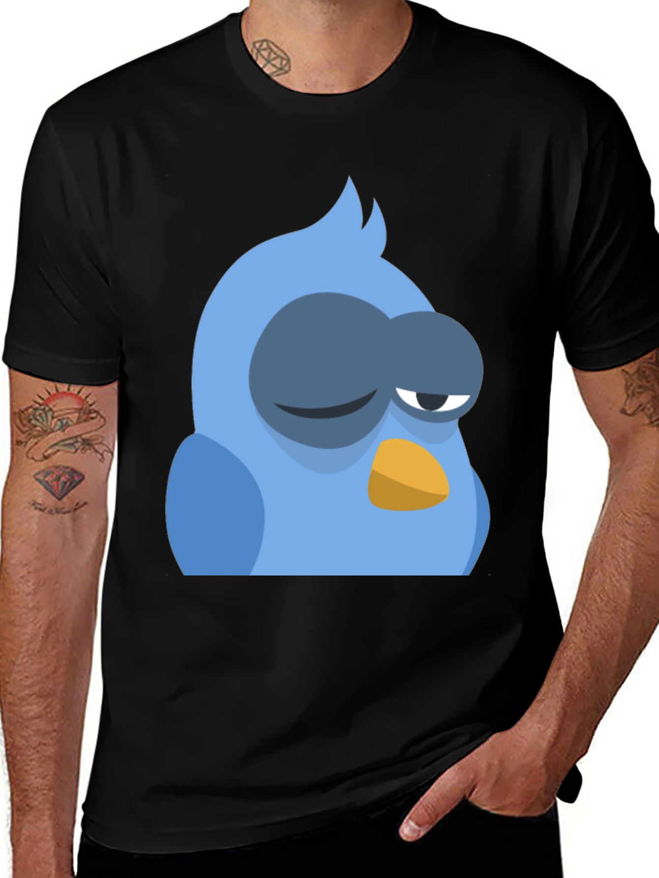 Variant 10 of Funny Sleepy Blue Bird Graphic Tee - Unisex Black T-Shirt