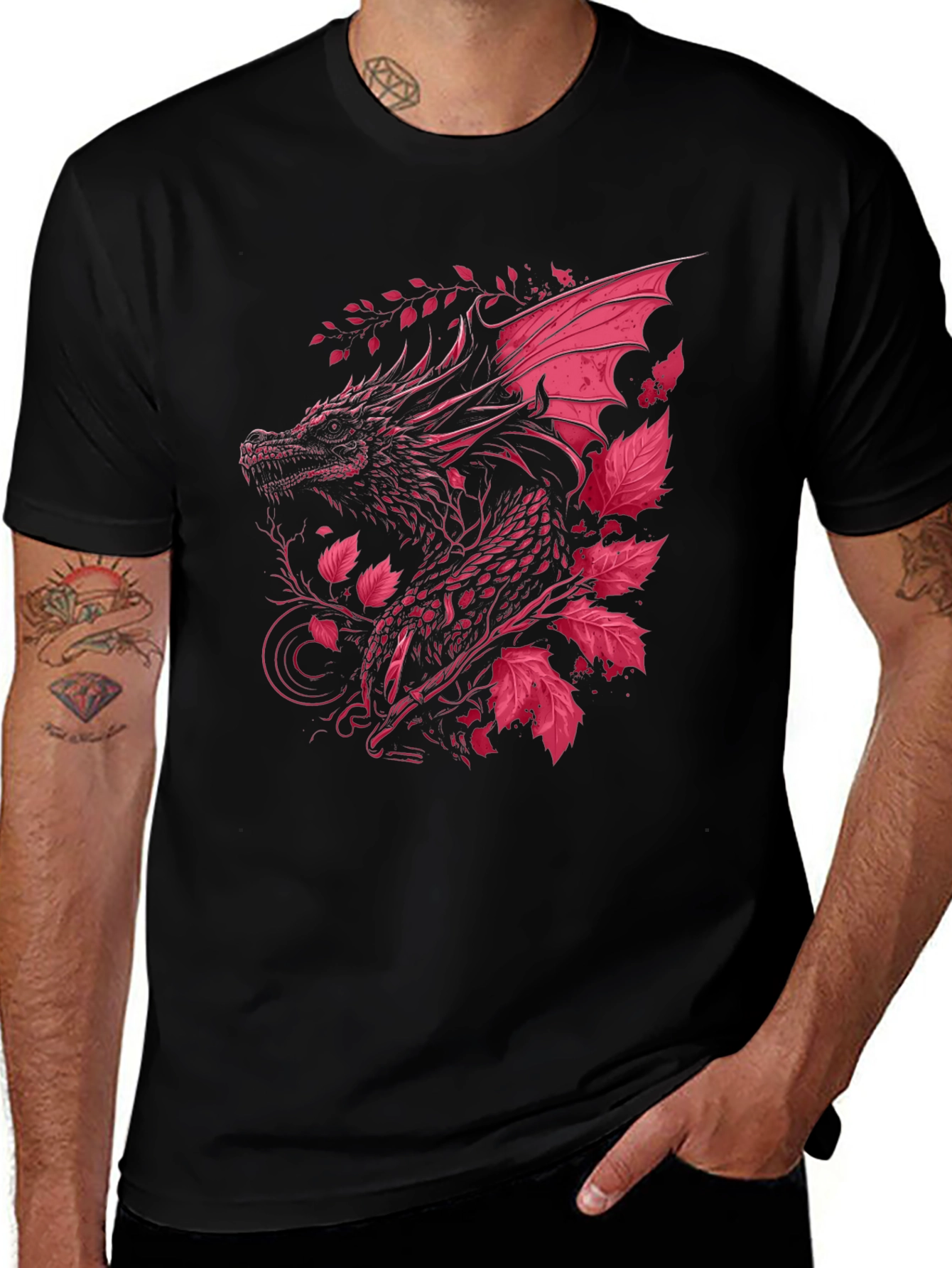 Variant 13 of Dragon & Floral Graphic Black T-Shirt