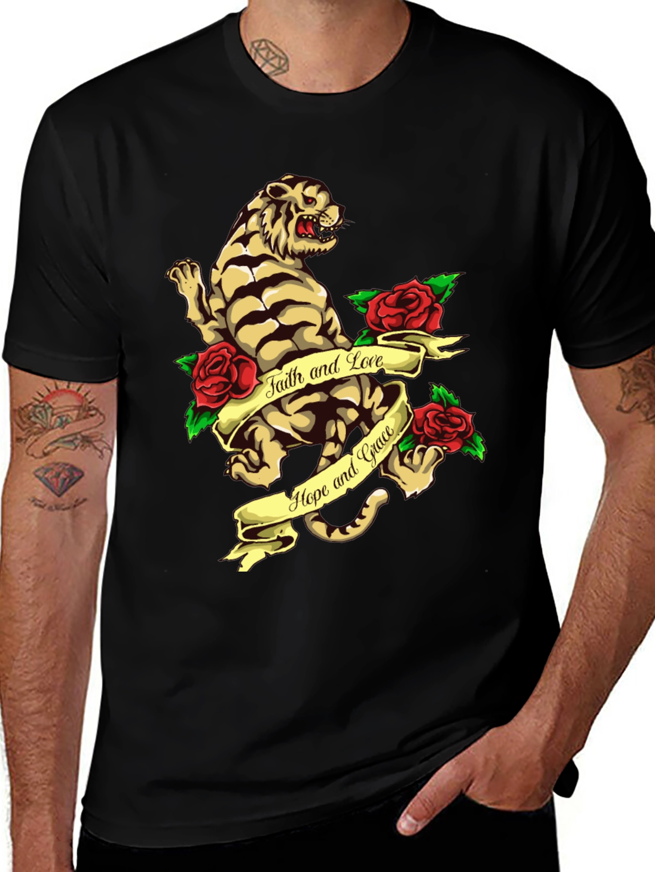 Variant 11 of Tiger Rose Graphic Tee - Faith, Hope, and Love
