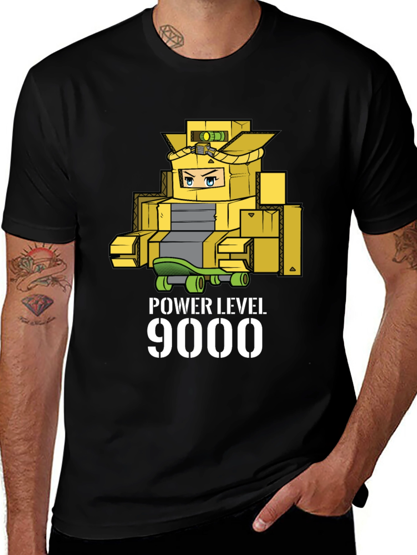 Black Power Level 9000 Cardboard Robot T-Shirt main image
