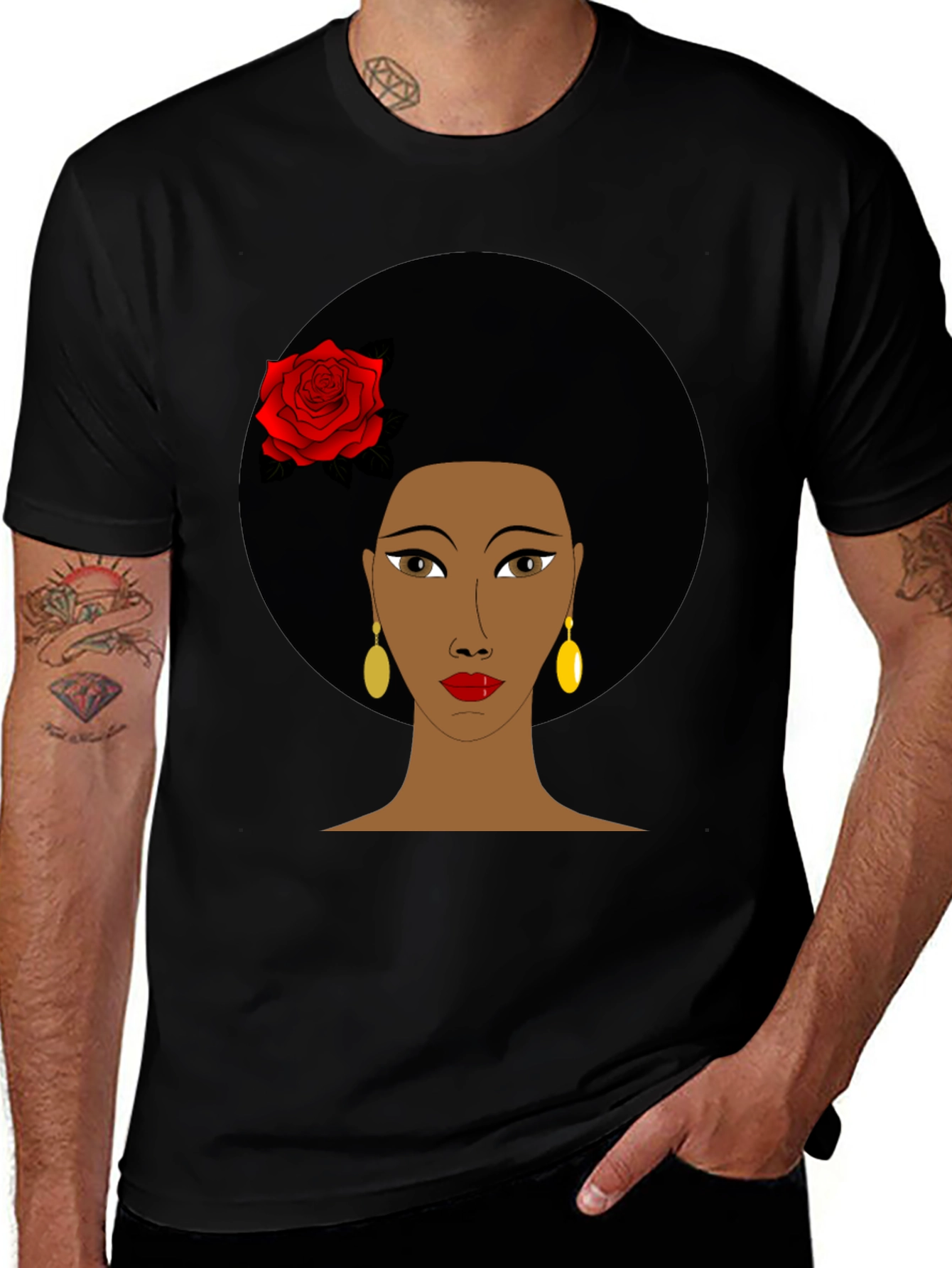 Variant 22 of Afro Woman Rose Graphic Tee - Stylish Black T-Shirt