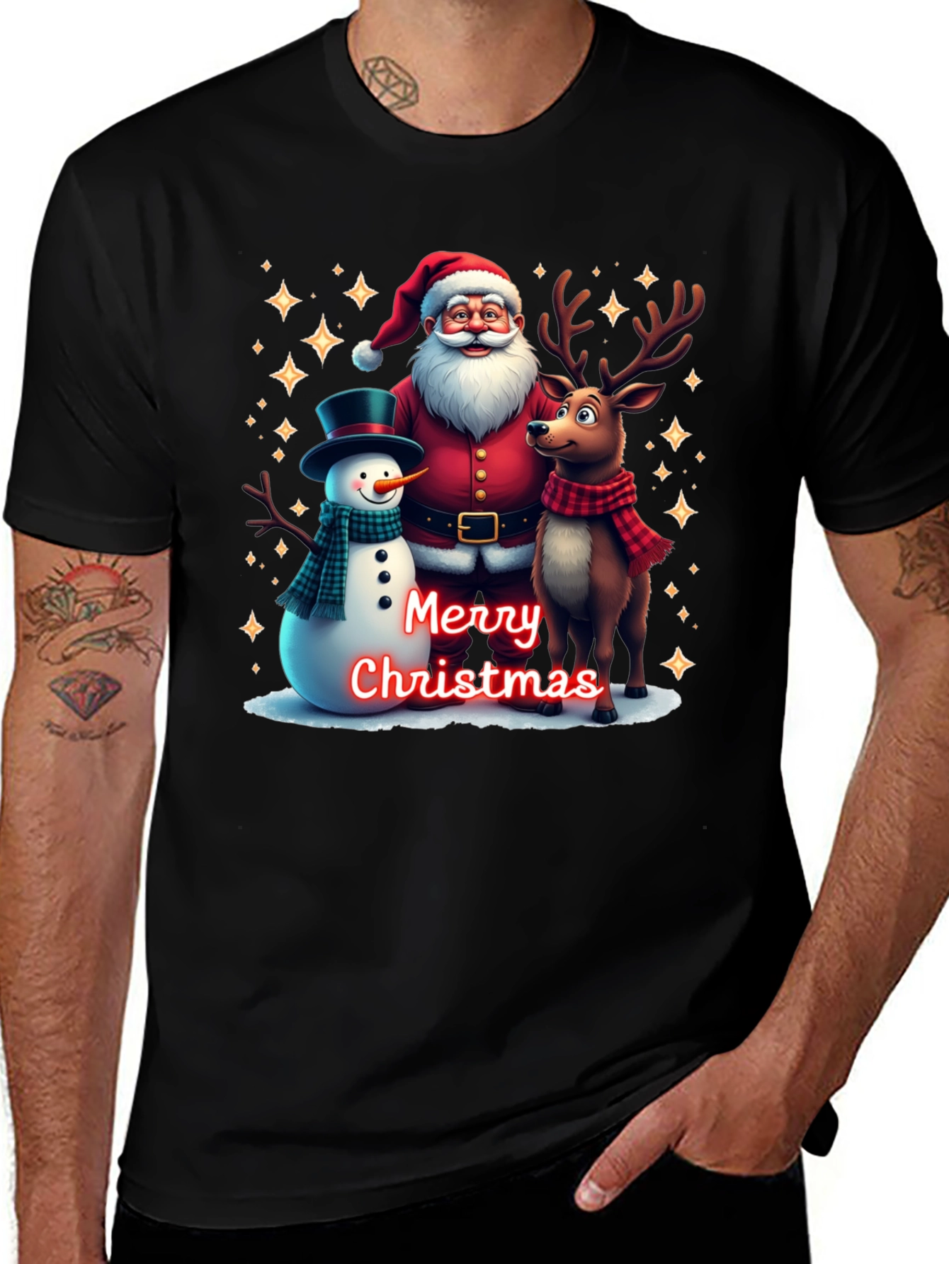 Festive Santa, Reindeer, and Snowman Christmas T-Shirt
