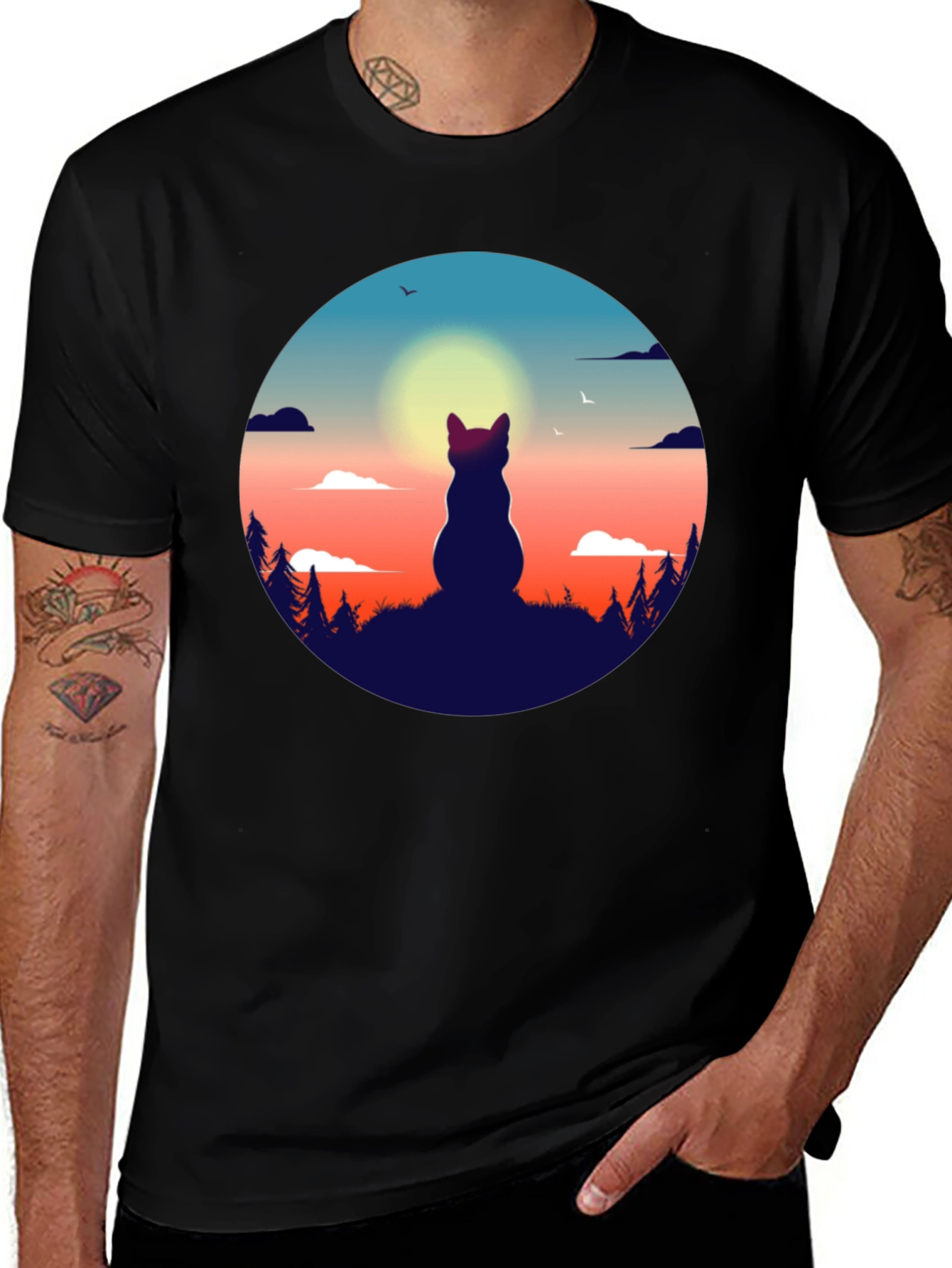 Variant 22 of Cat Silhouette Sunrise Graphic Tee - Unique Design
