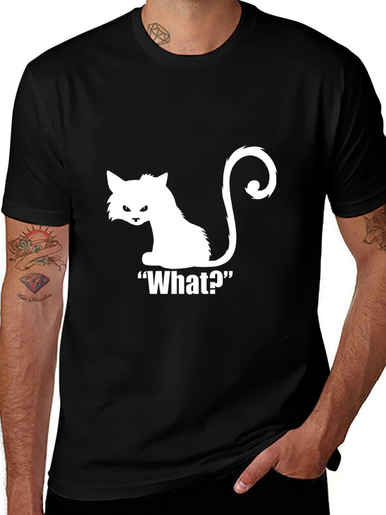Variant 20 of Sarcastic Cat What? Graphic Tee - Black Cotton