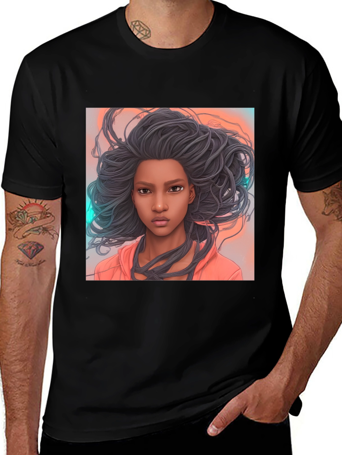 Variant 26 of Graphic Tee: Woman with Flowing Hair on Black Cotton T-Shirt
