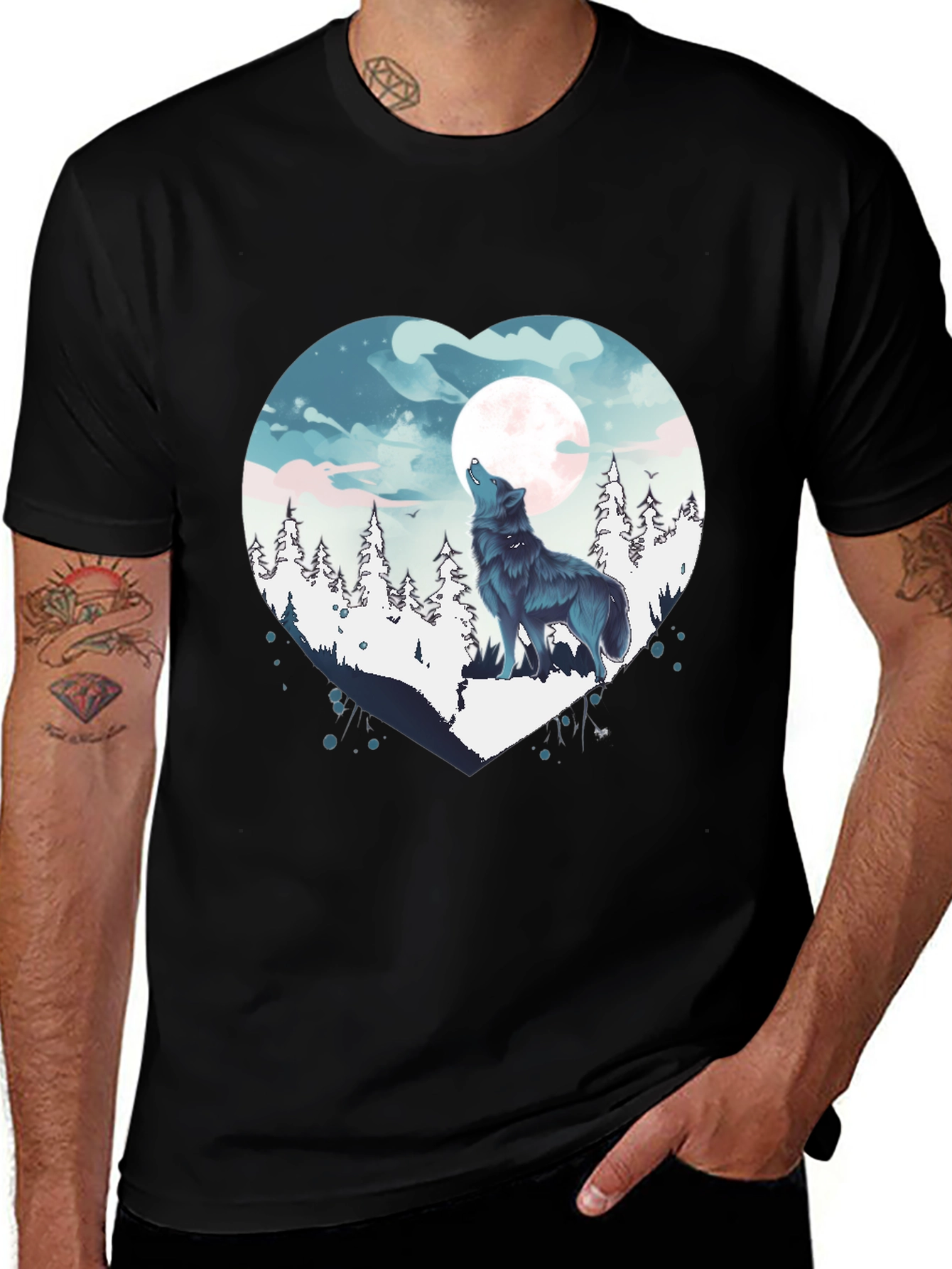 Variant 7 of Wolf Howl Heart Graphic Tee - Black