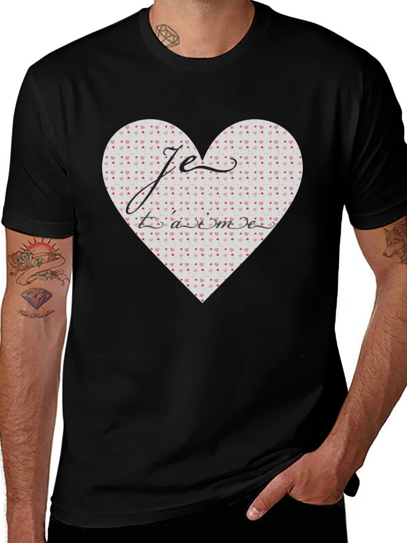 Variant 18 of Je T'aime Heart Graphic Tee - Stylish Black T-Shirt