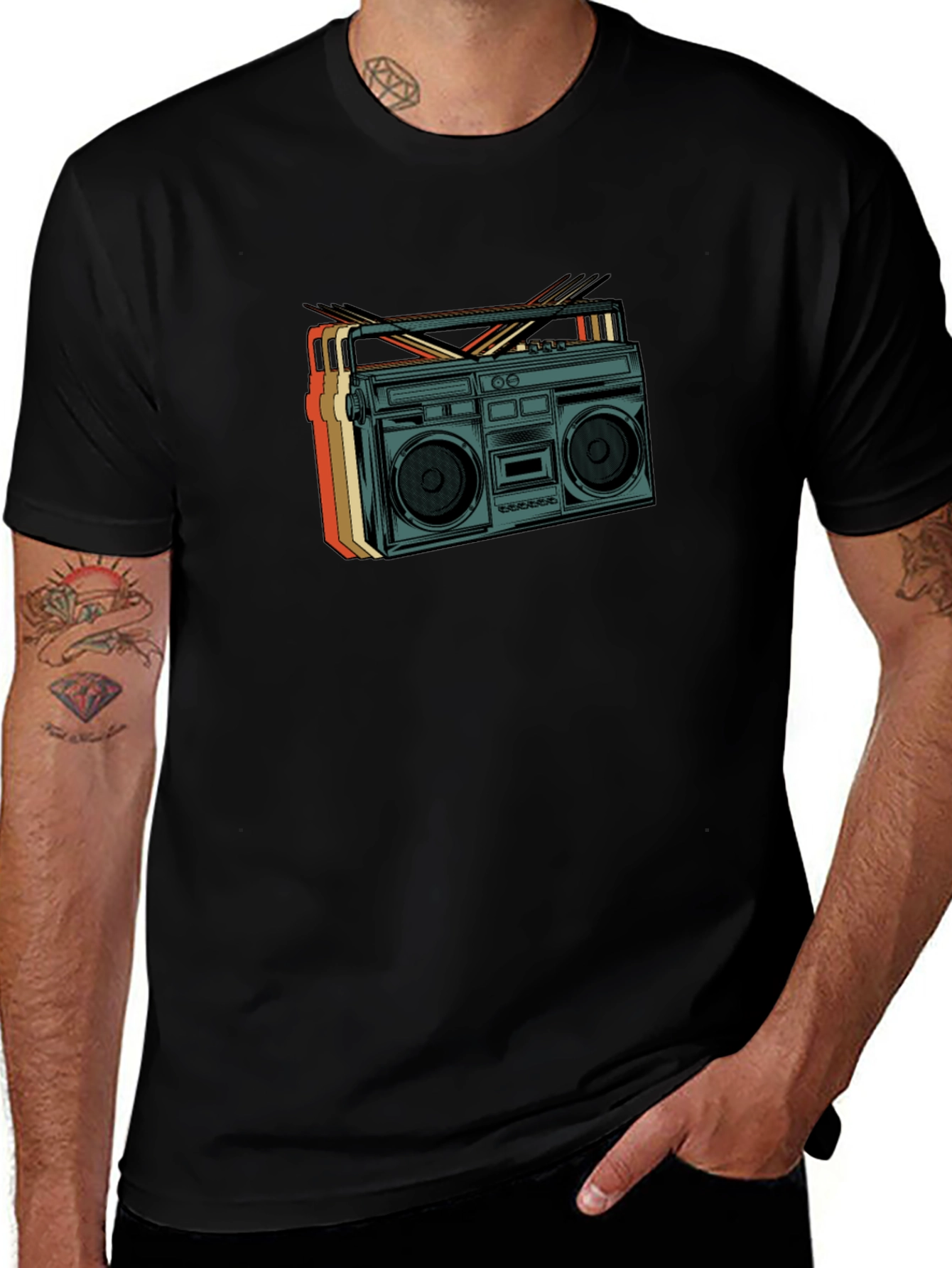 Variant 3 of Retro Boombox Graphic Tee - Vintage Style Black T-Shirt