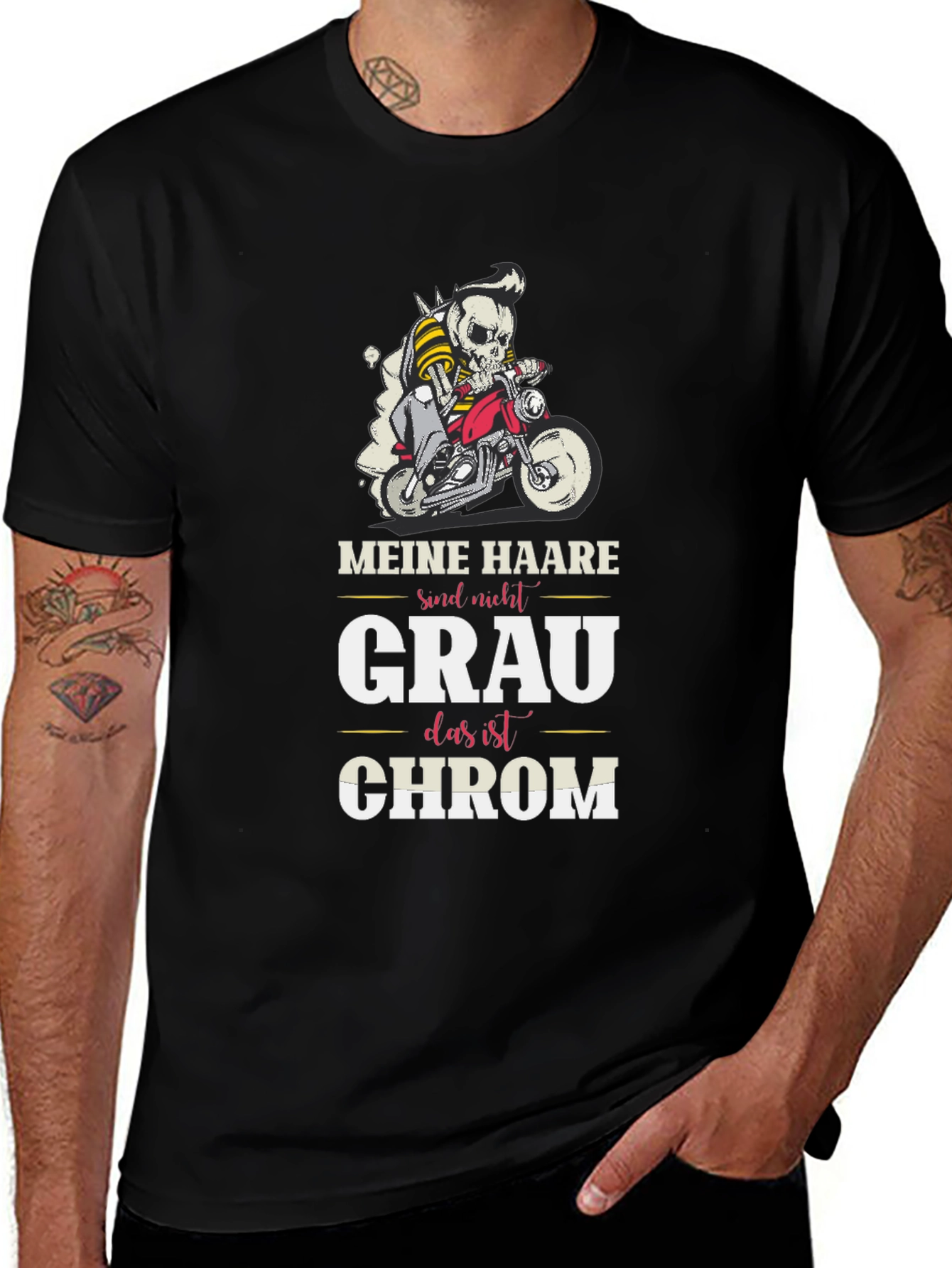 Variant 20 of Humorous Skeleton Biker T-Shirt - Meine Haare Sind Nicht Grau