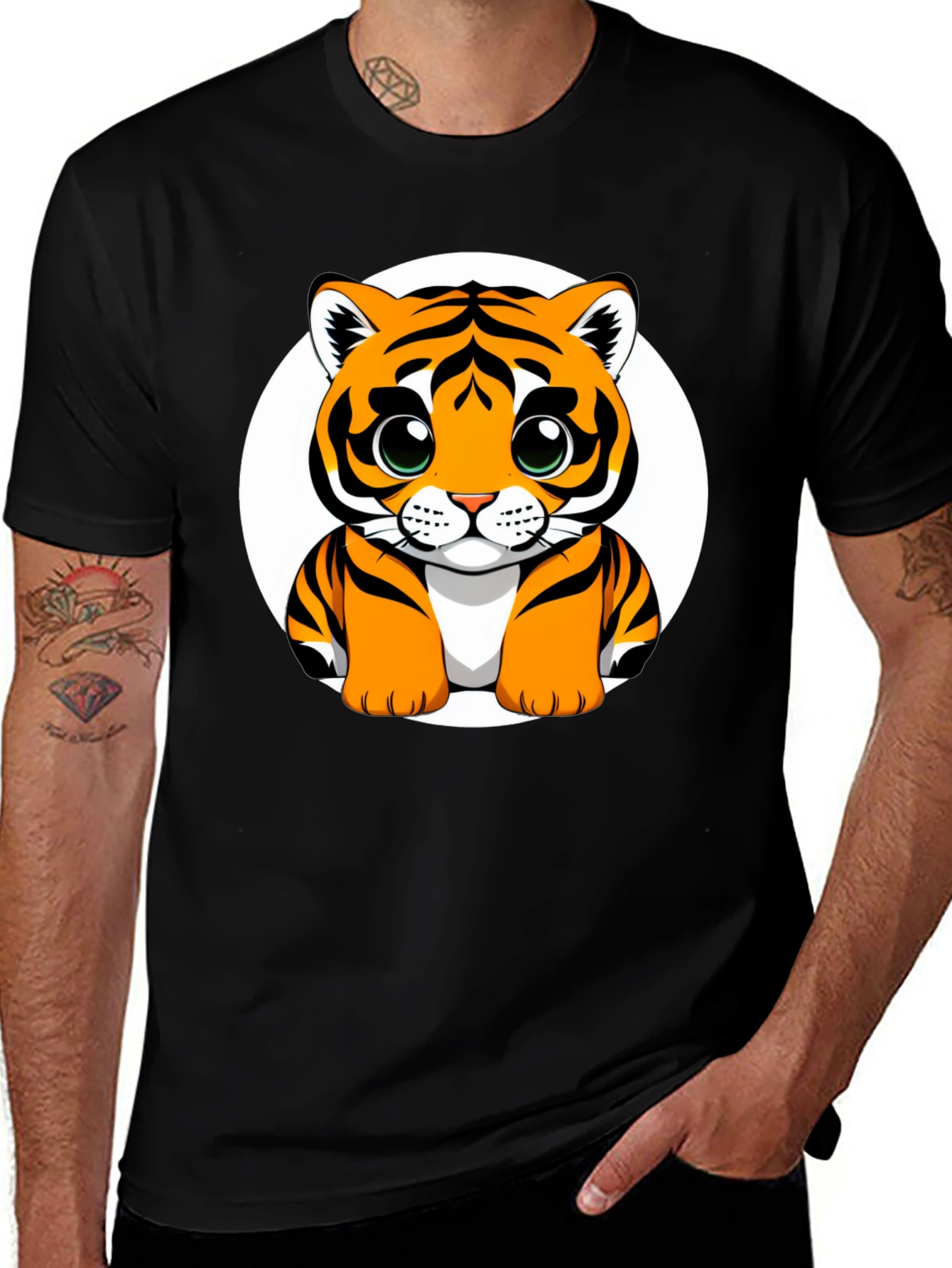 Variant 9 of Cute Cartoon Tiger Graphic Tee - Black Cotton Blend Shirt