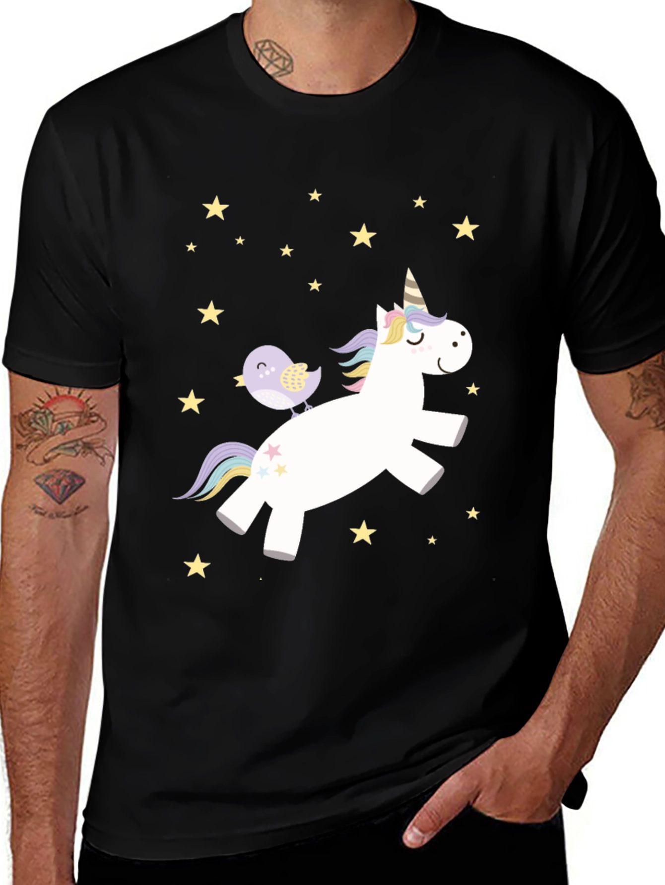 Variant 10 of Unicorn & Bird Graphic Tee - Fun Black T-Shirt
