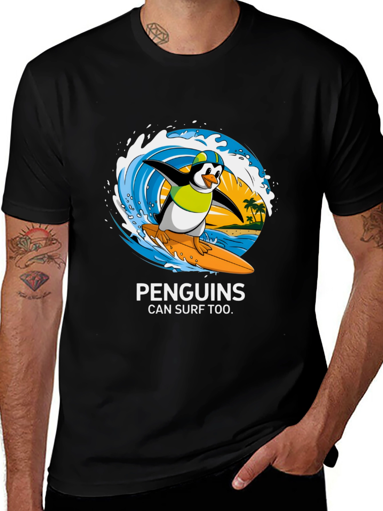 Variant 30 of Penguin Surfing T-Shirt -  Wave Design Tee