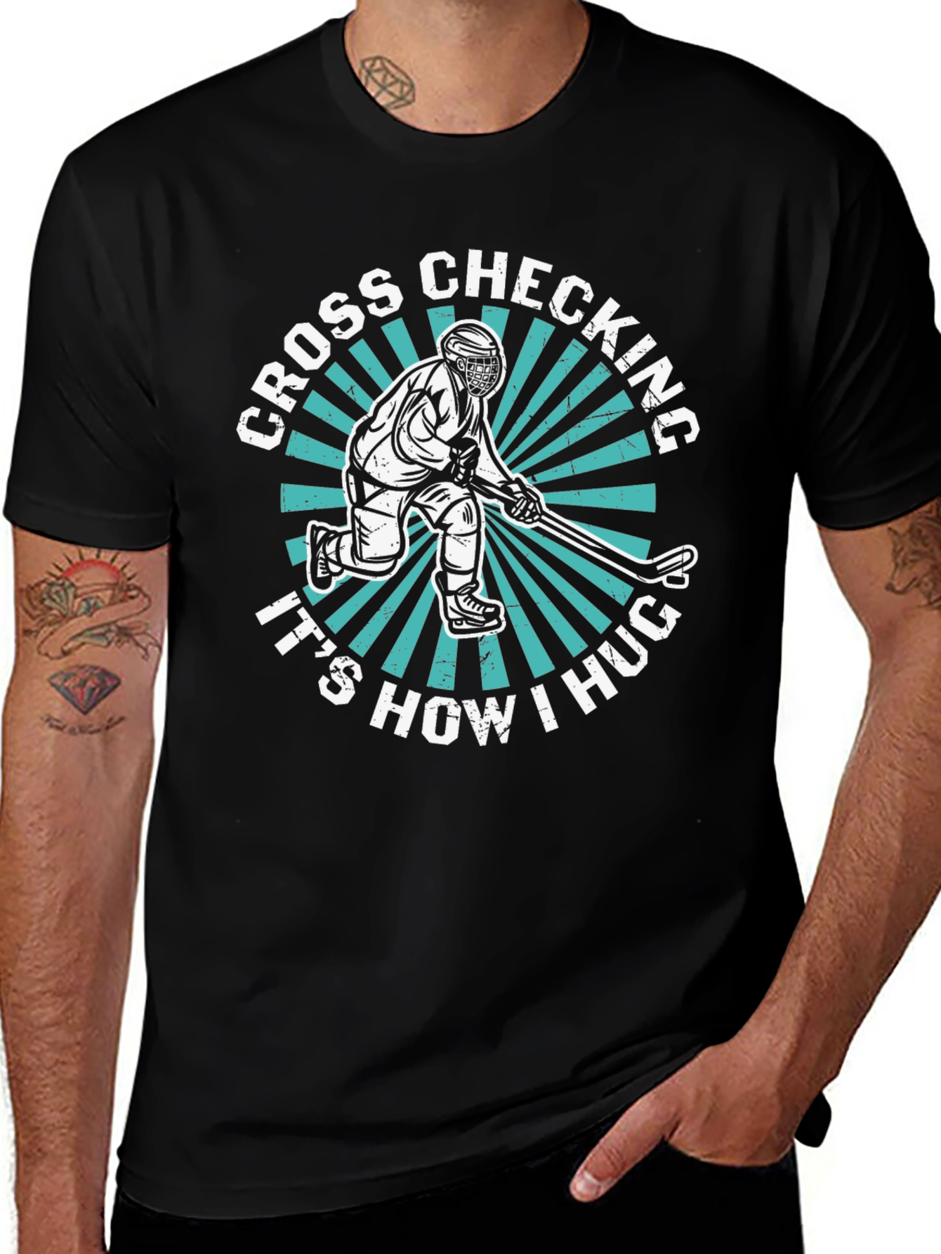 Variant 15 of Cross Checking Hockey Hug T-Shirt - Sporty Graphic Tee