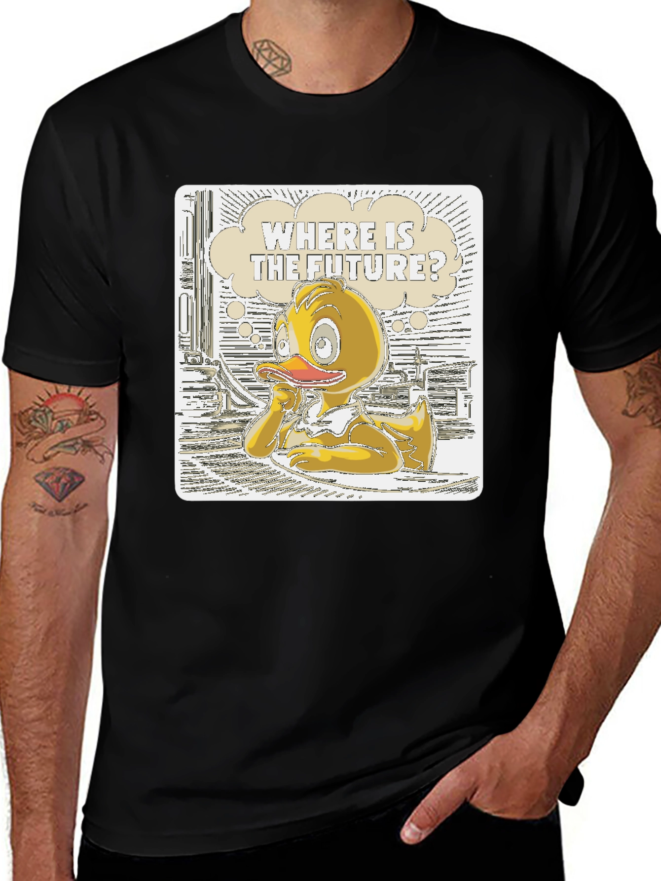 Variant 20 of Duck in Thought T-Shirt - Where is the Future?