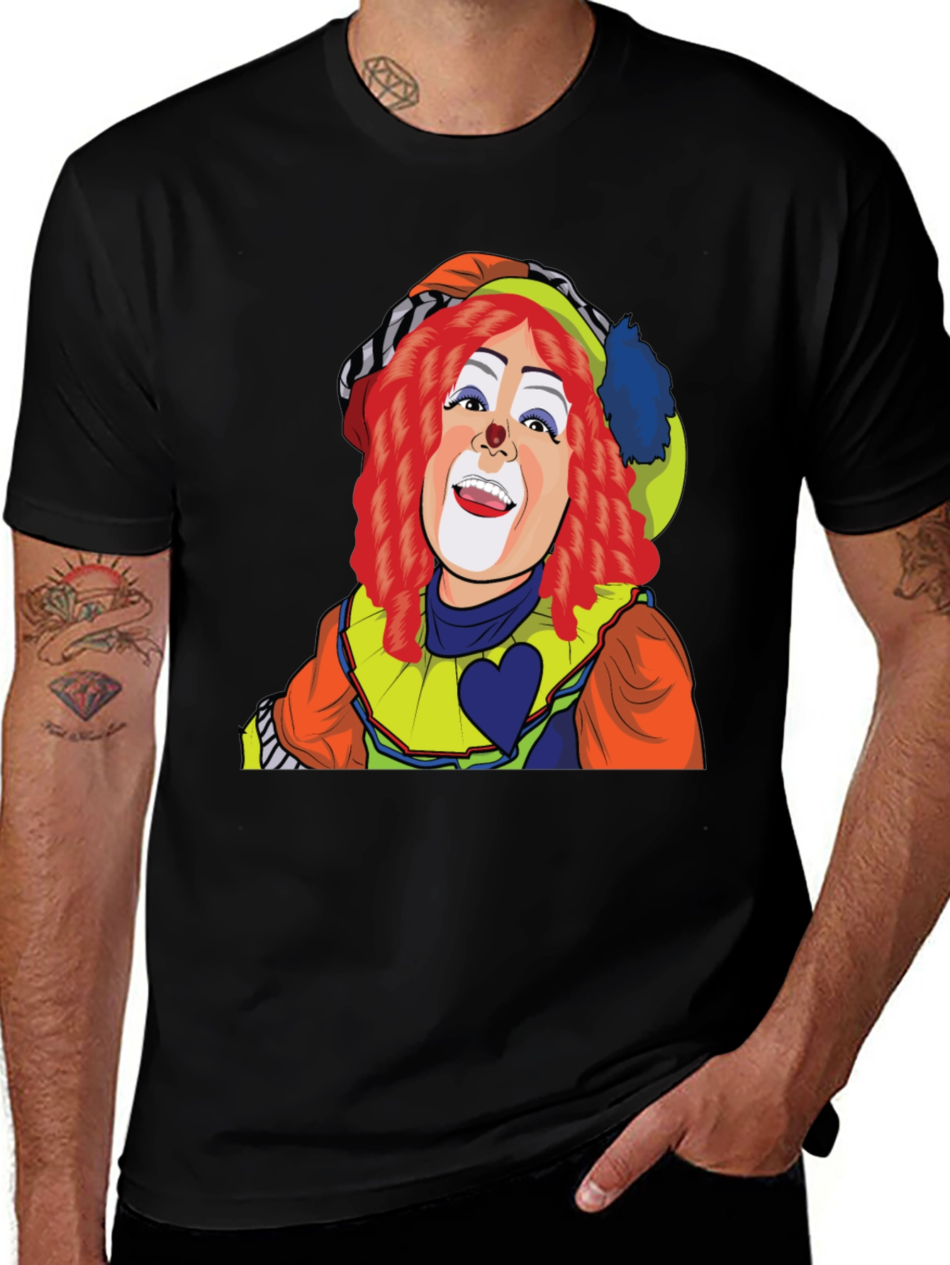 Variant 21 of Clown T-Shirt: Red Wig, Heart Design, Black Tee