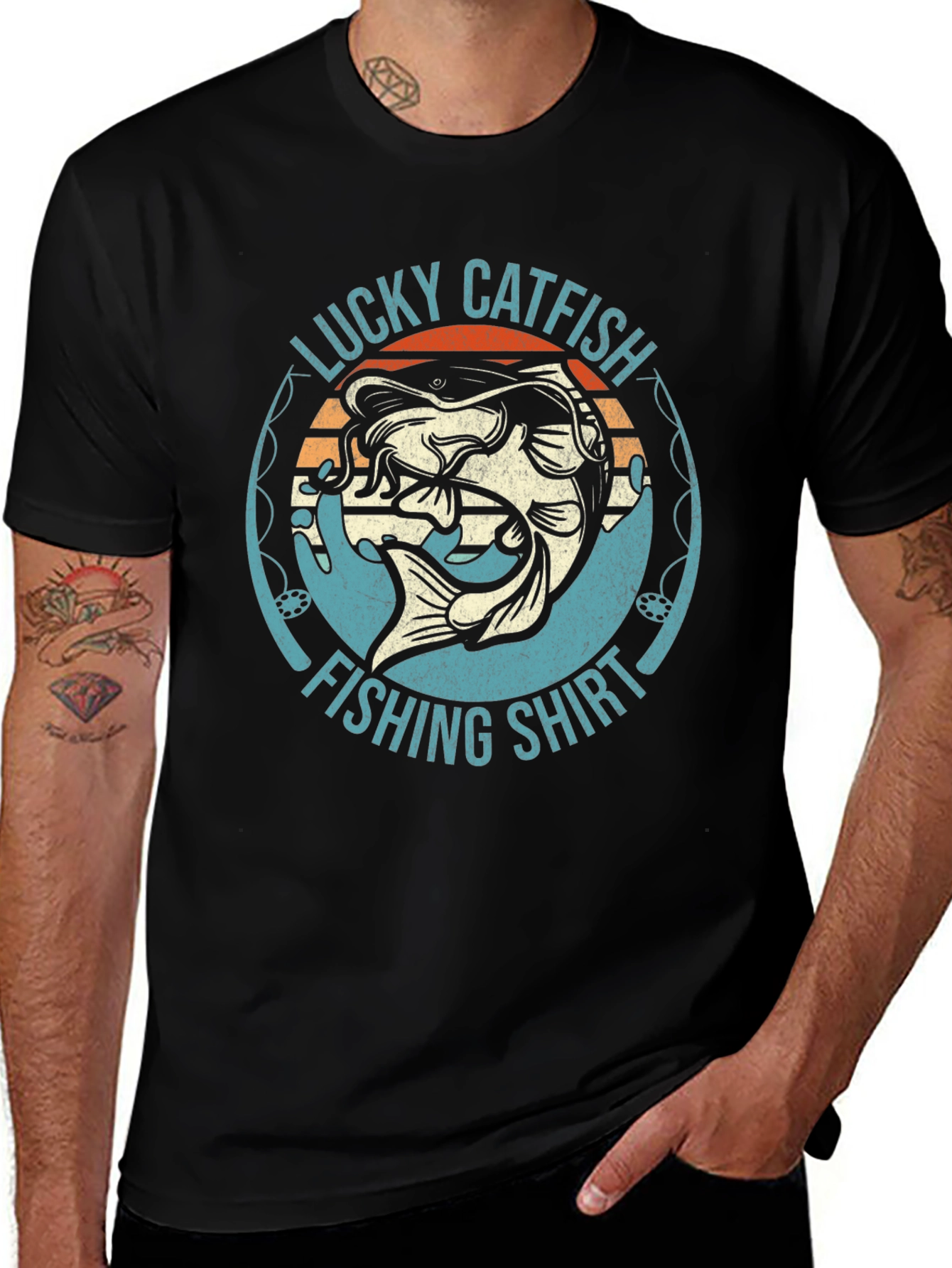 Variant 15 of Lucky Catfish Fishing Shirt - Black Graphic Tee