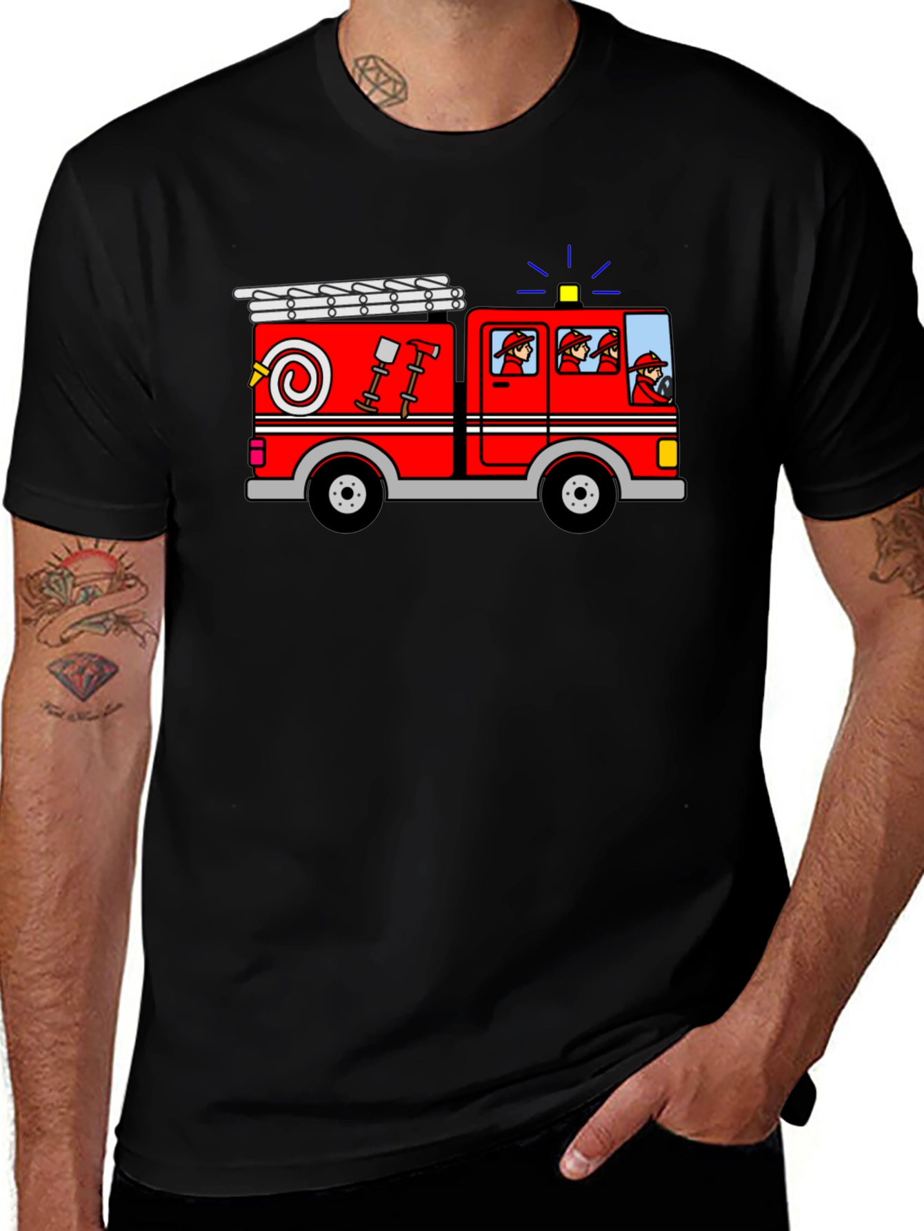 Variant 9 of Cartoon Firetruck Graphic Tee - Black Cotton T-Shirt