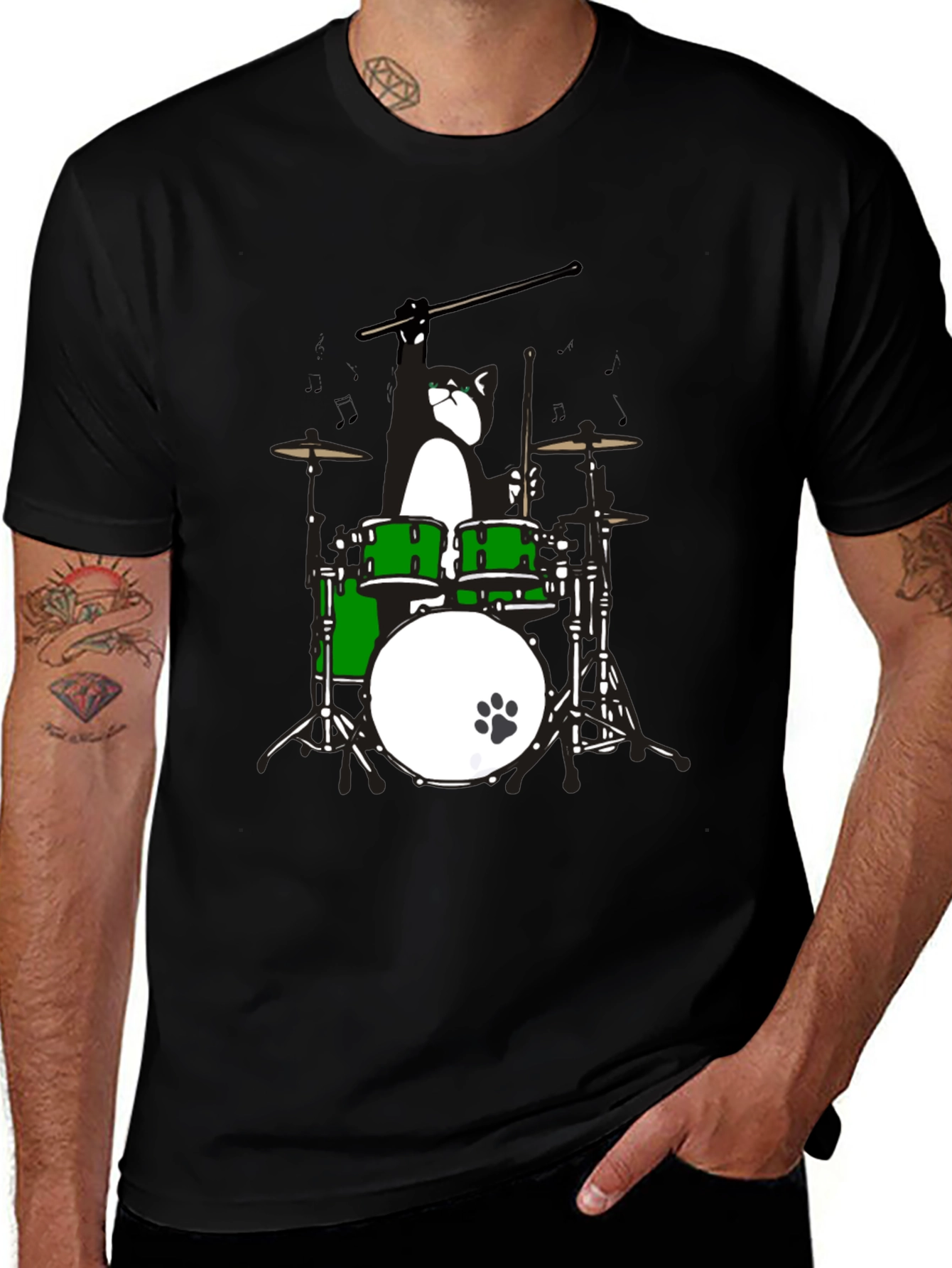 Variant 30 of Drummer Cat Graphic T-Shirt - Black Cotton Tee