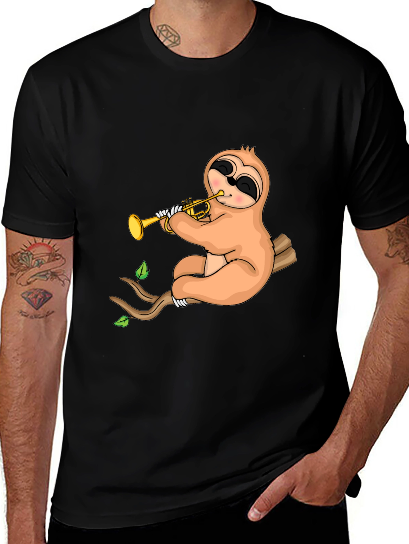 Variant 22 of Sloth Trumpet Black T-Shirt - Funny Music Tee