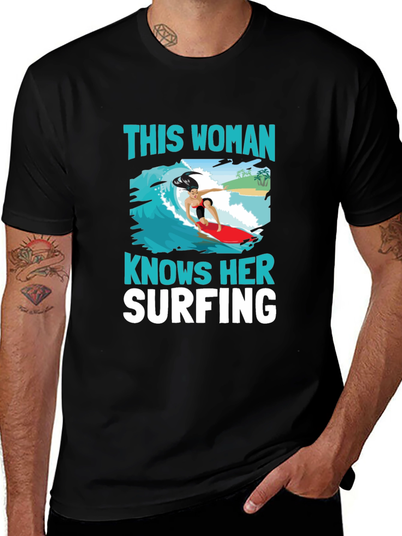 Variant 19 of Woman Surfing Graphic Tee - Black Cotton T-Shirt