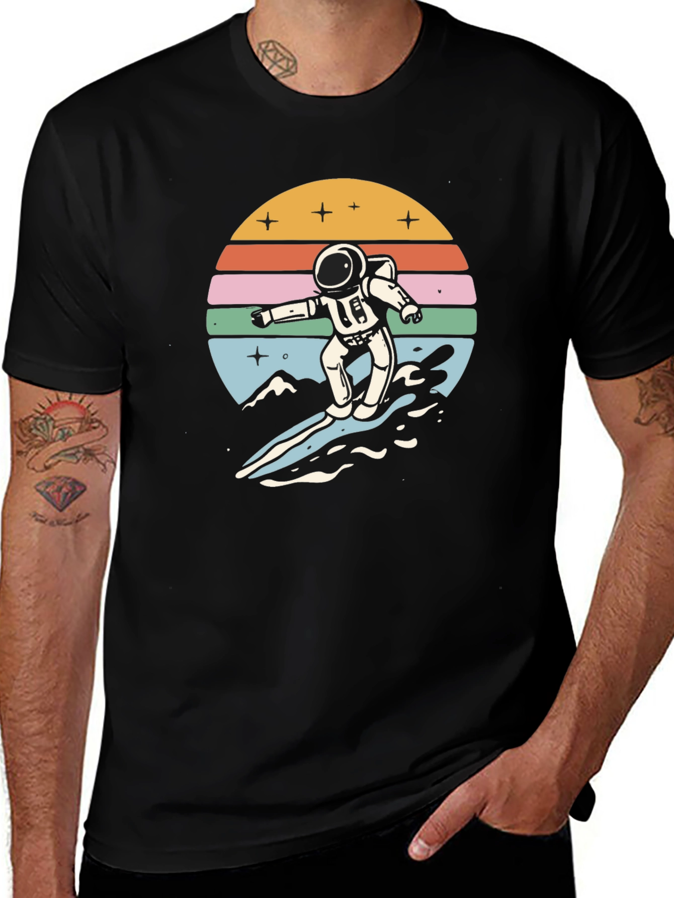 Variant 22 of Retro Astronaut Surfing Graphic Tee - Black