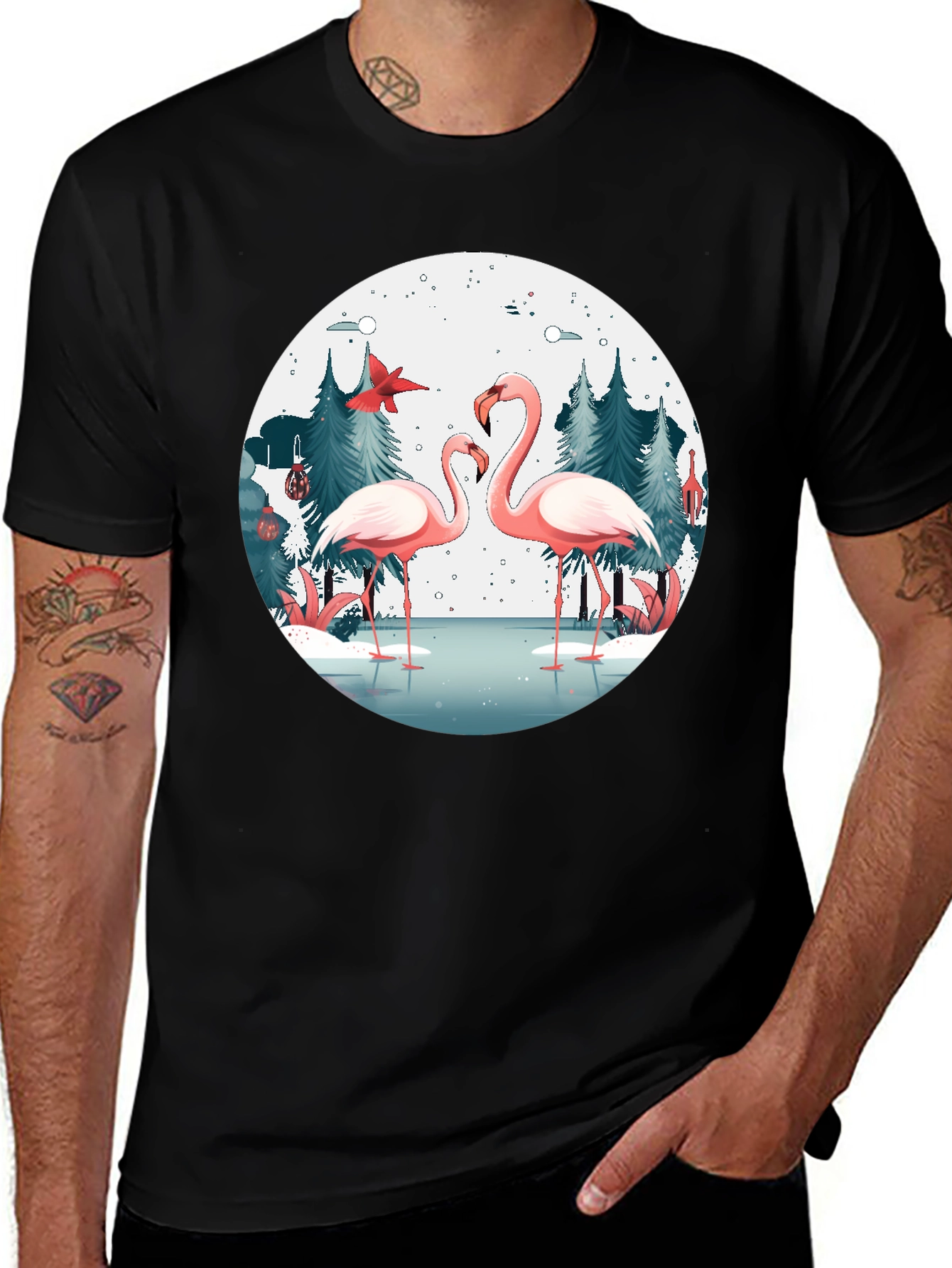 Variant 12 of Flamingo Winter Scene Graphic T-Shirt