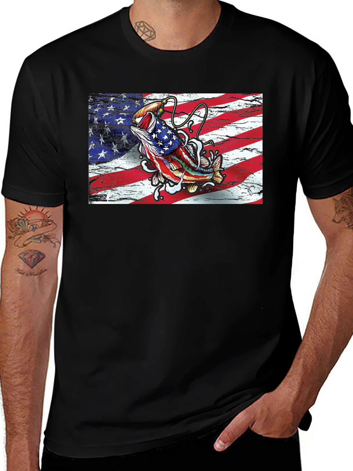 Variant 8 of American Flag Bass Graphic Tee - Patriotic Fishing Shirt