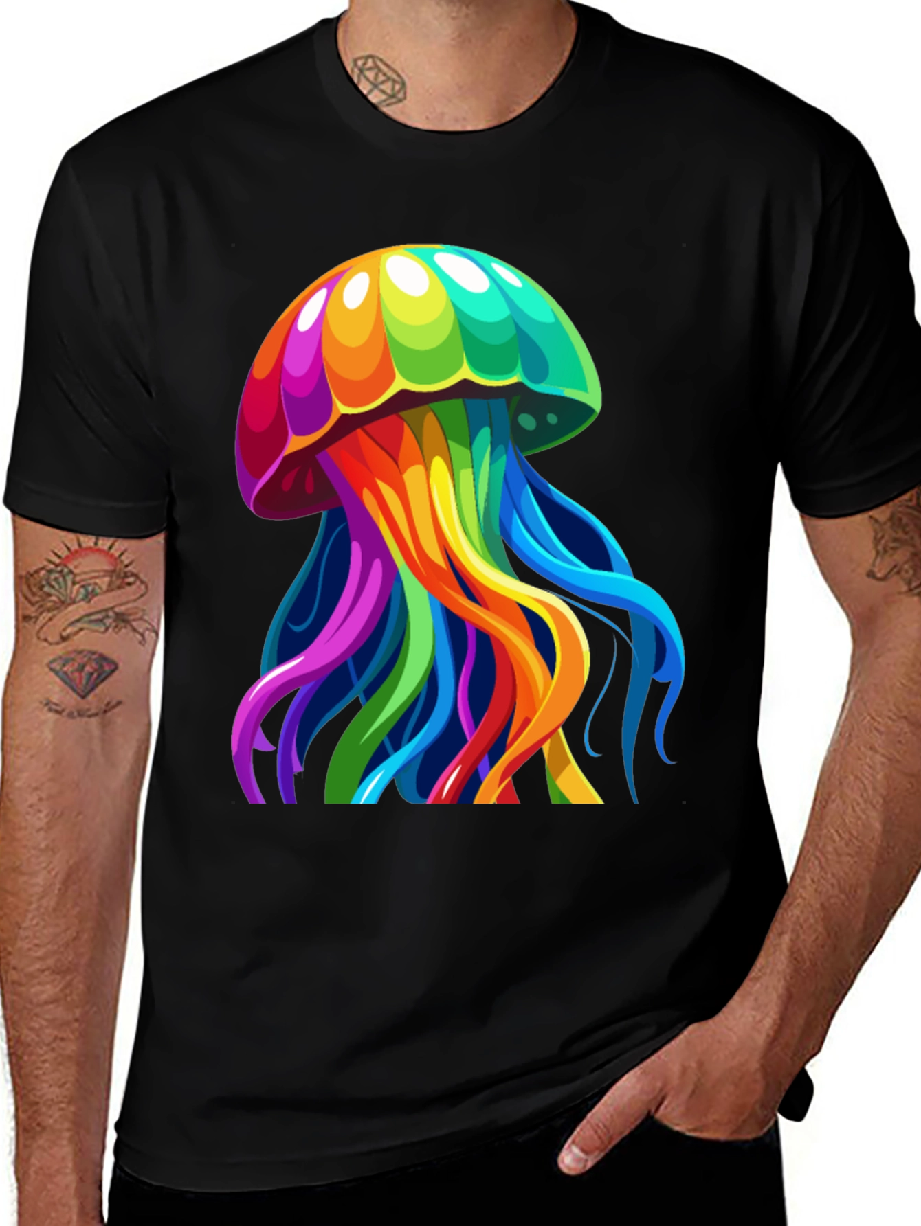 Black Rainbow Jellyfish Graphic Tee - Unique Black T-Shirt main image