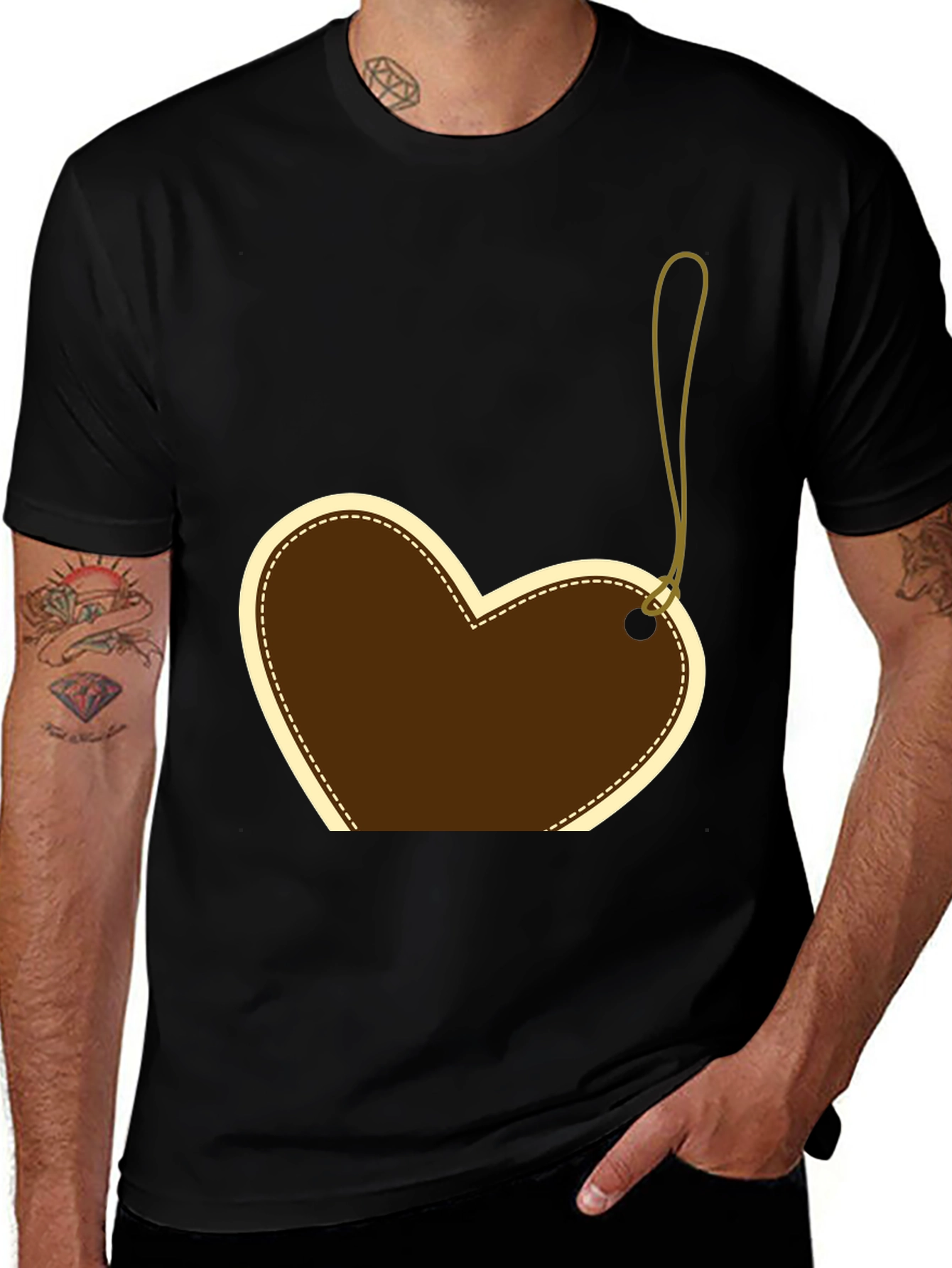 Variant 26 of Men's Black Tee with Brown Heart Tag Graphic