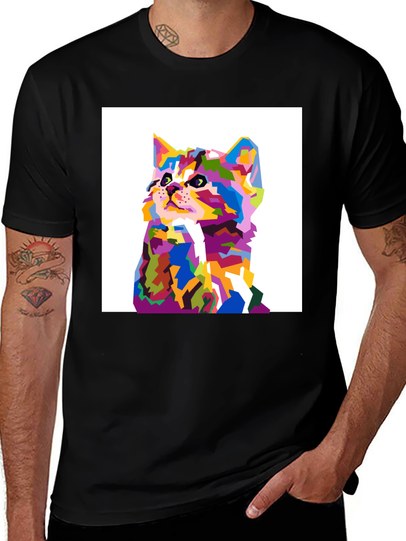 Variant 19 of Colorful Geometric Cat Graphic Tee - Black Cotton Shirt