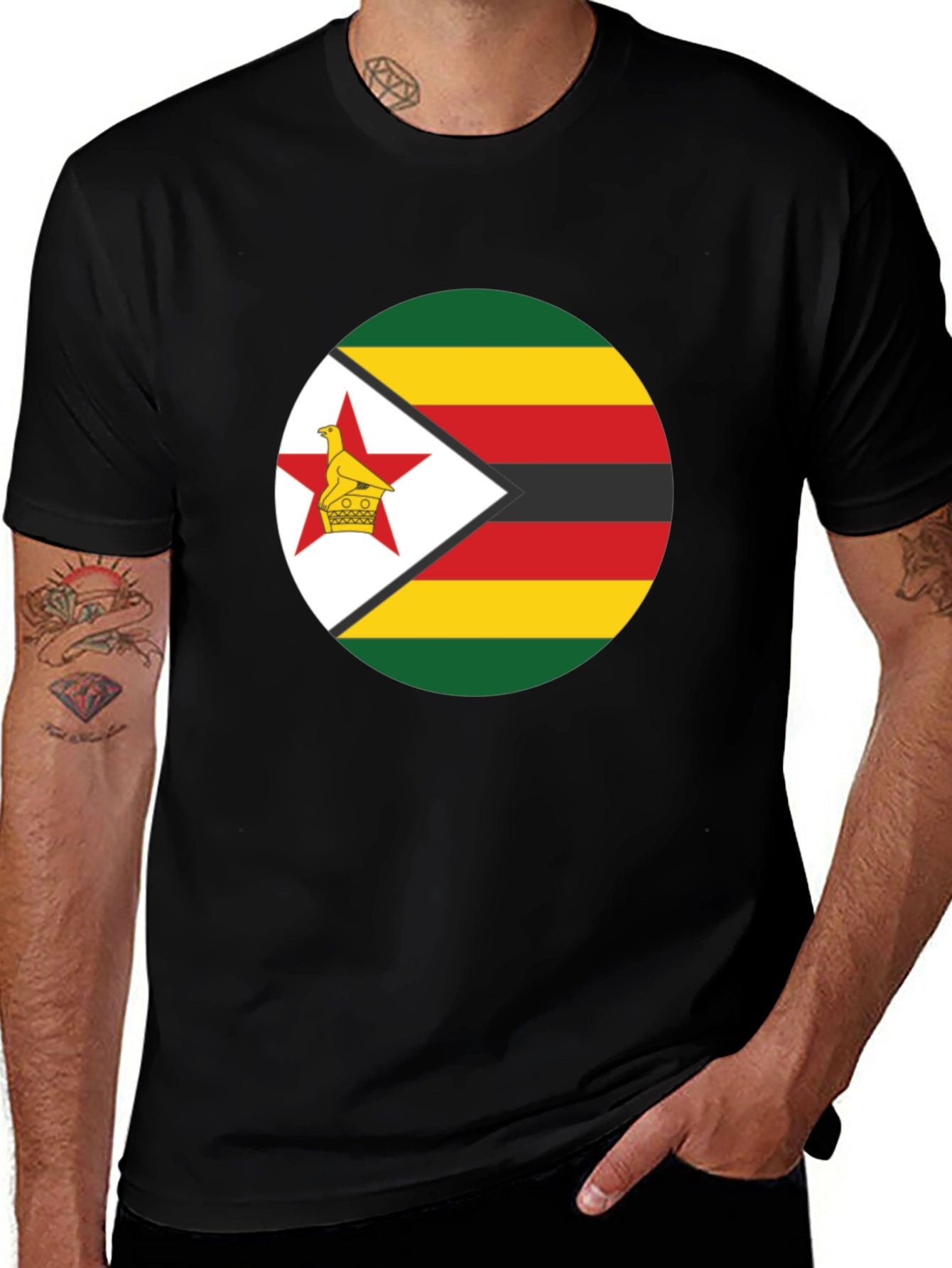 Variant 20 of Zimbabwe Flag Graphic T-Shirt - Black Cotton Tee