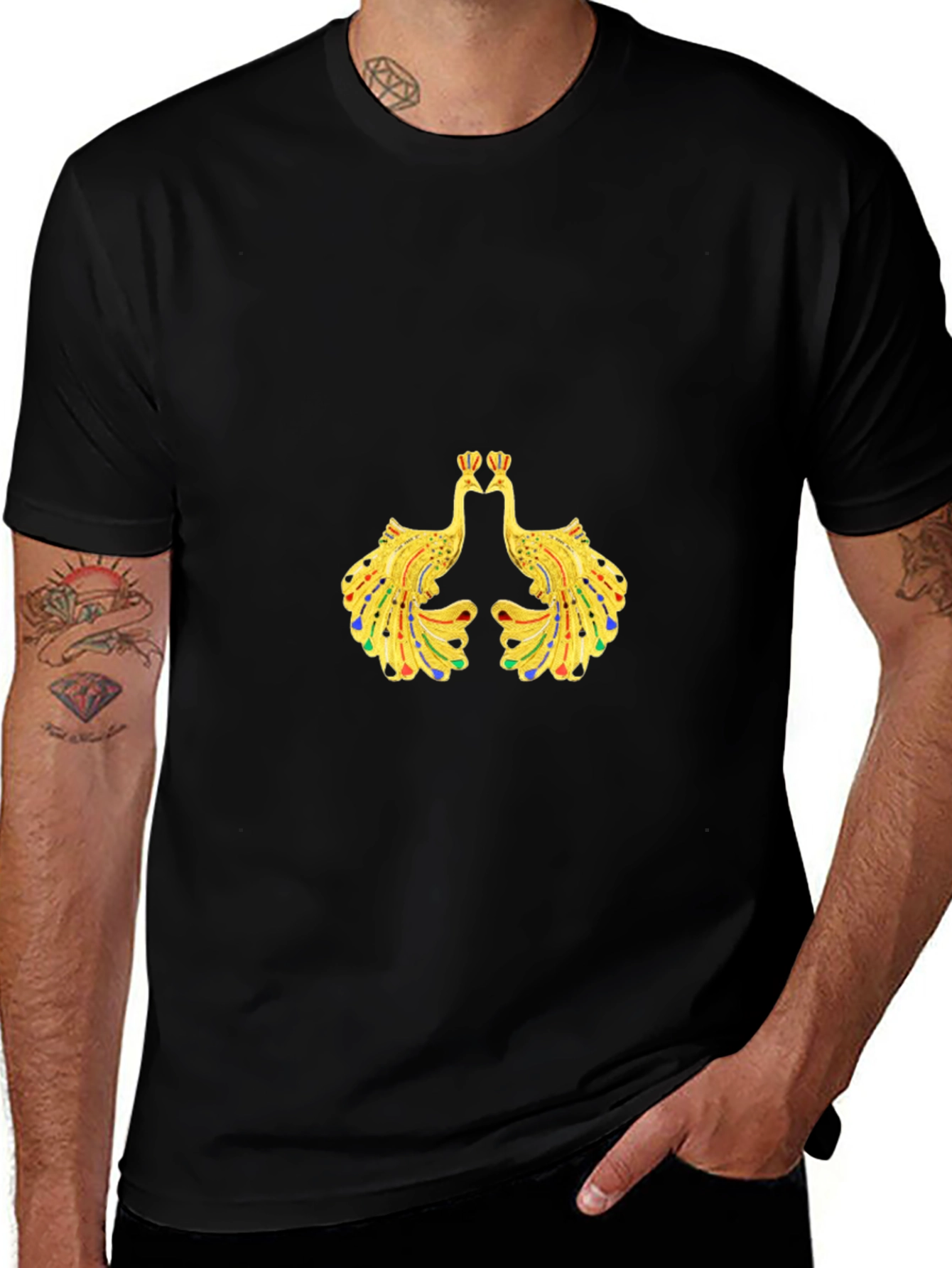 Variant 17 of Men's Black Tee with Peacock Design