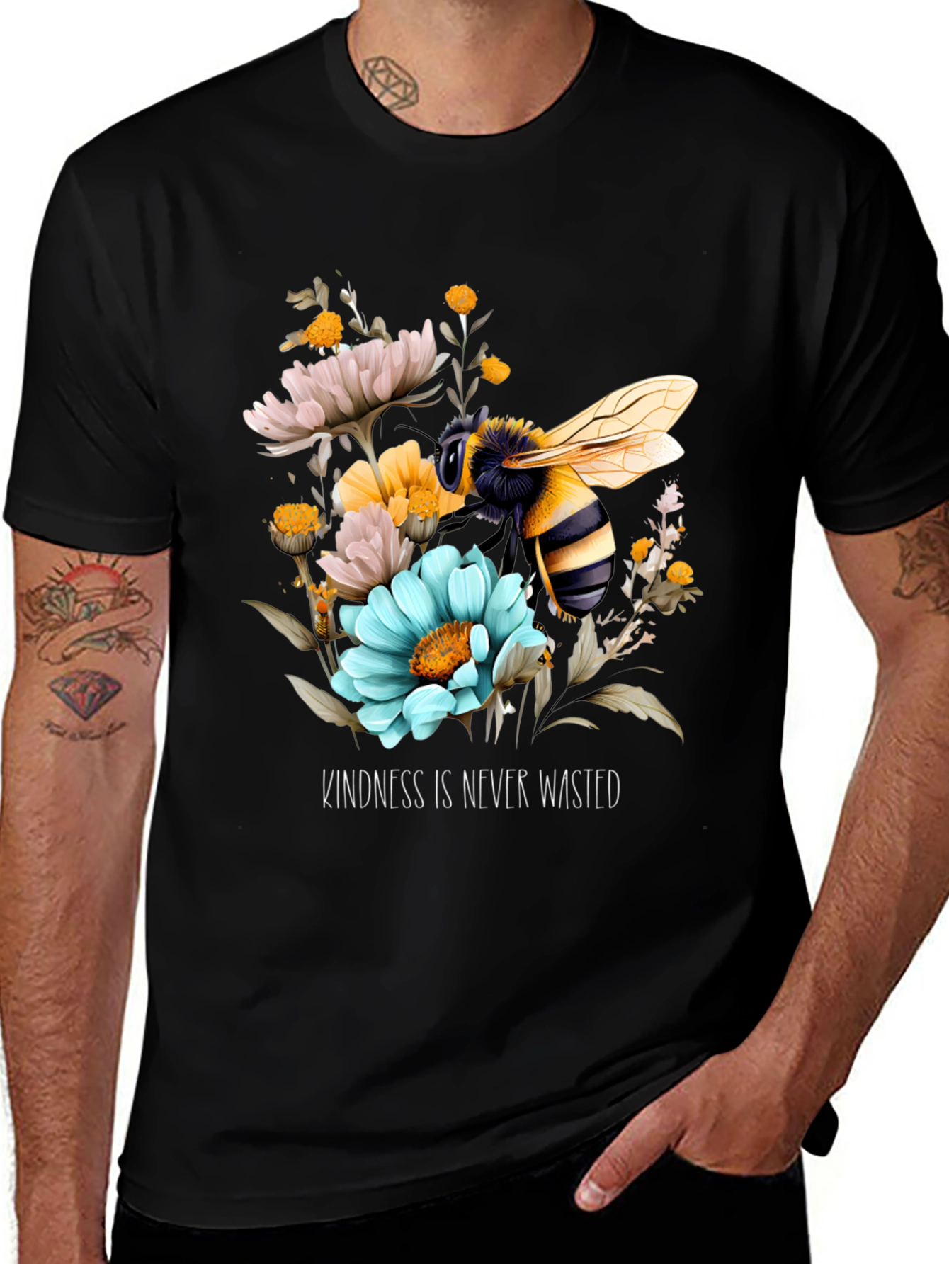 Variant 23 of Kindness Bee Graphic Tee - Black, Floral Design