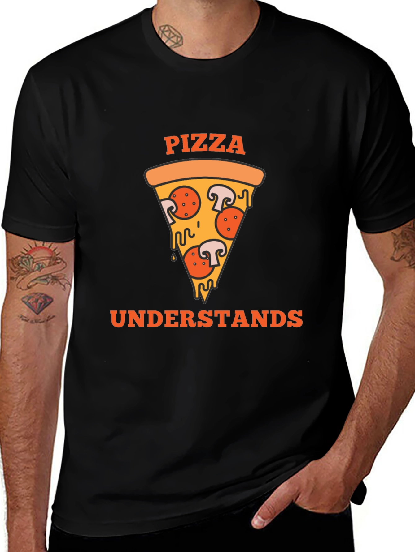 Variant 19 of Pizza Understands Graphic Tee - Black Cotton Shirt