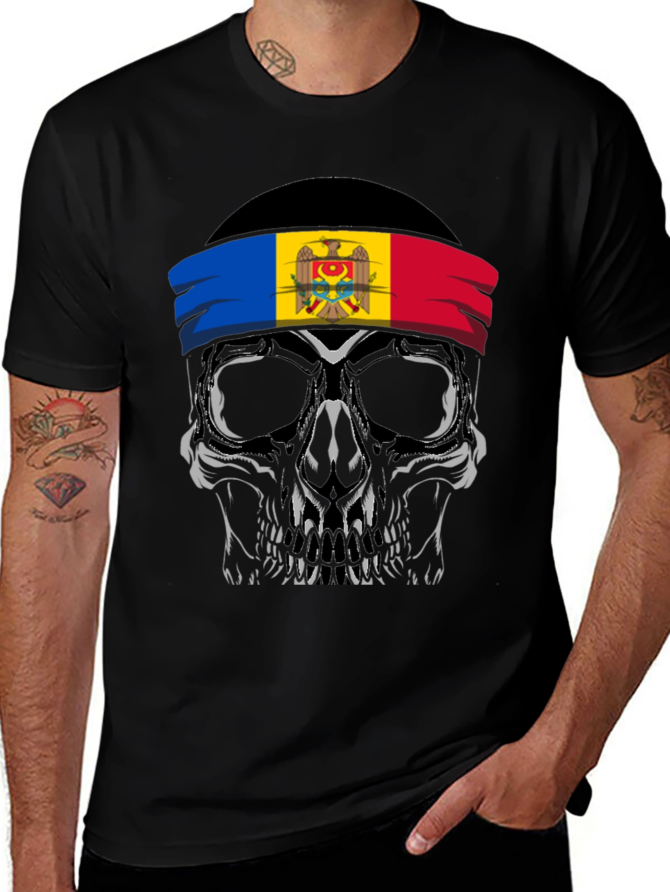 Skull T-Shirt: Moldova Flag Headband Design