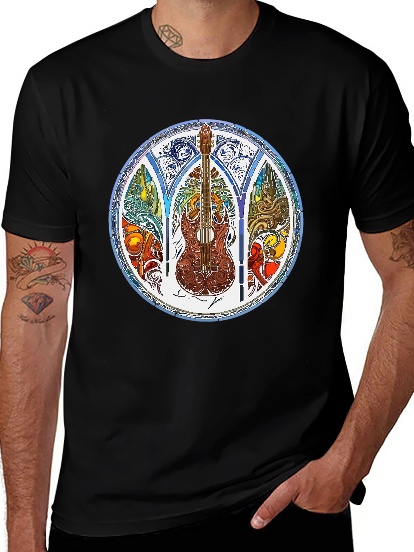 Stained Glass Guitar Graphic Tee - Men's Black T-Shirt