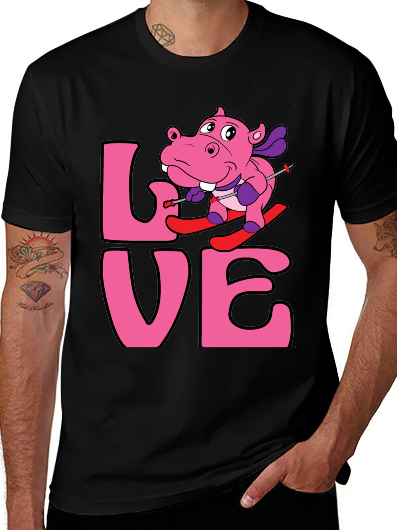 Variant 2 of Love Skiing Hippo Graphic Tee - Black T-Shirt